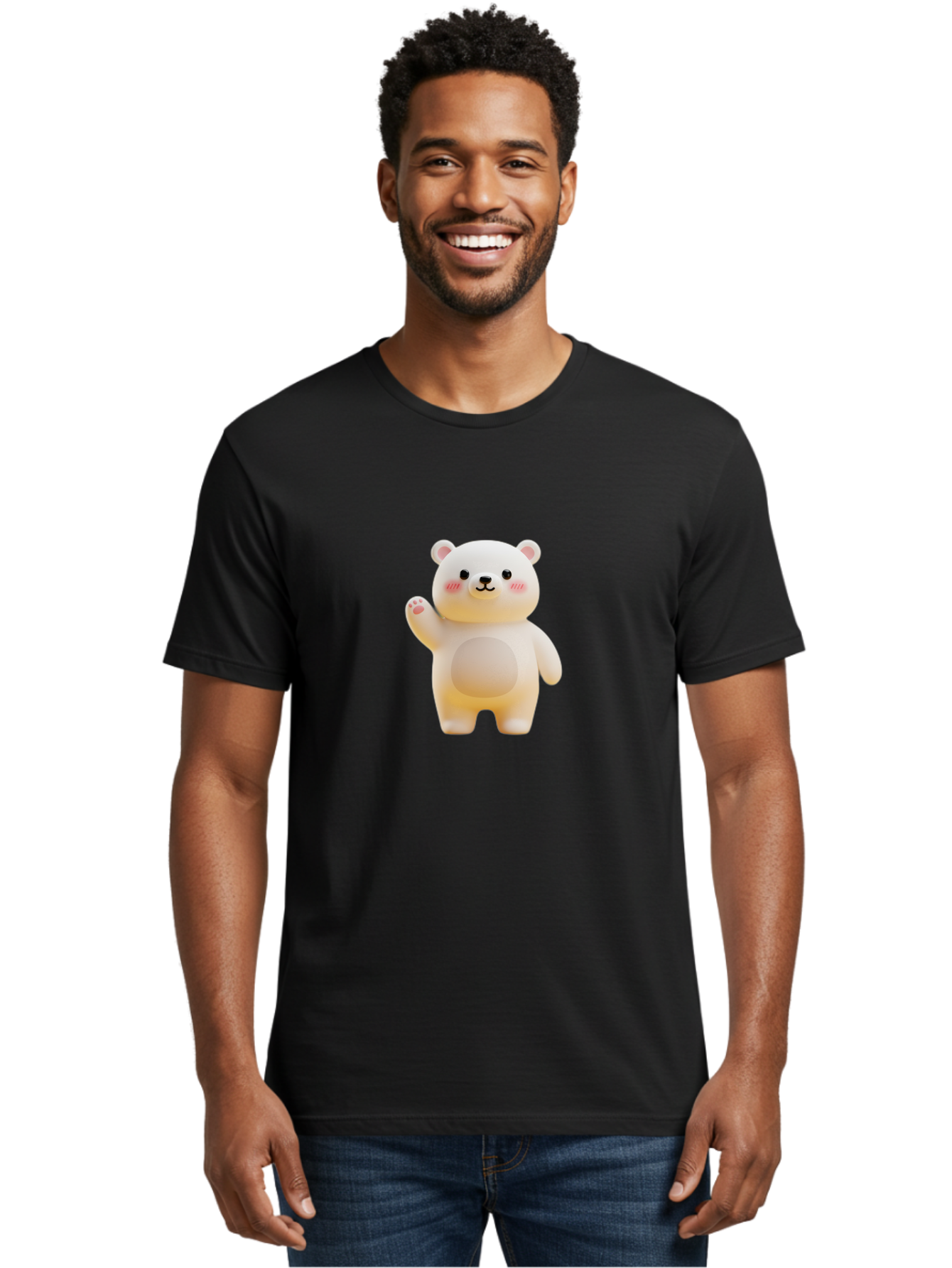 White-Bear-1 Men'S Graphic Tee, 100% Cotton, Comfortable Casual Summer Wear, Machine Washable, Cute Cartoon Bear, White Bear Figurine, Smiling Face, Waving Hand, Soft Toy, Kawaii Character, Nursery Decoration, Plushie, Adorable Animal, Bae819 23