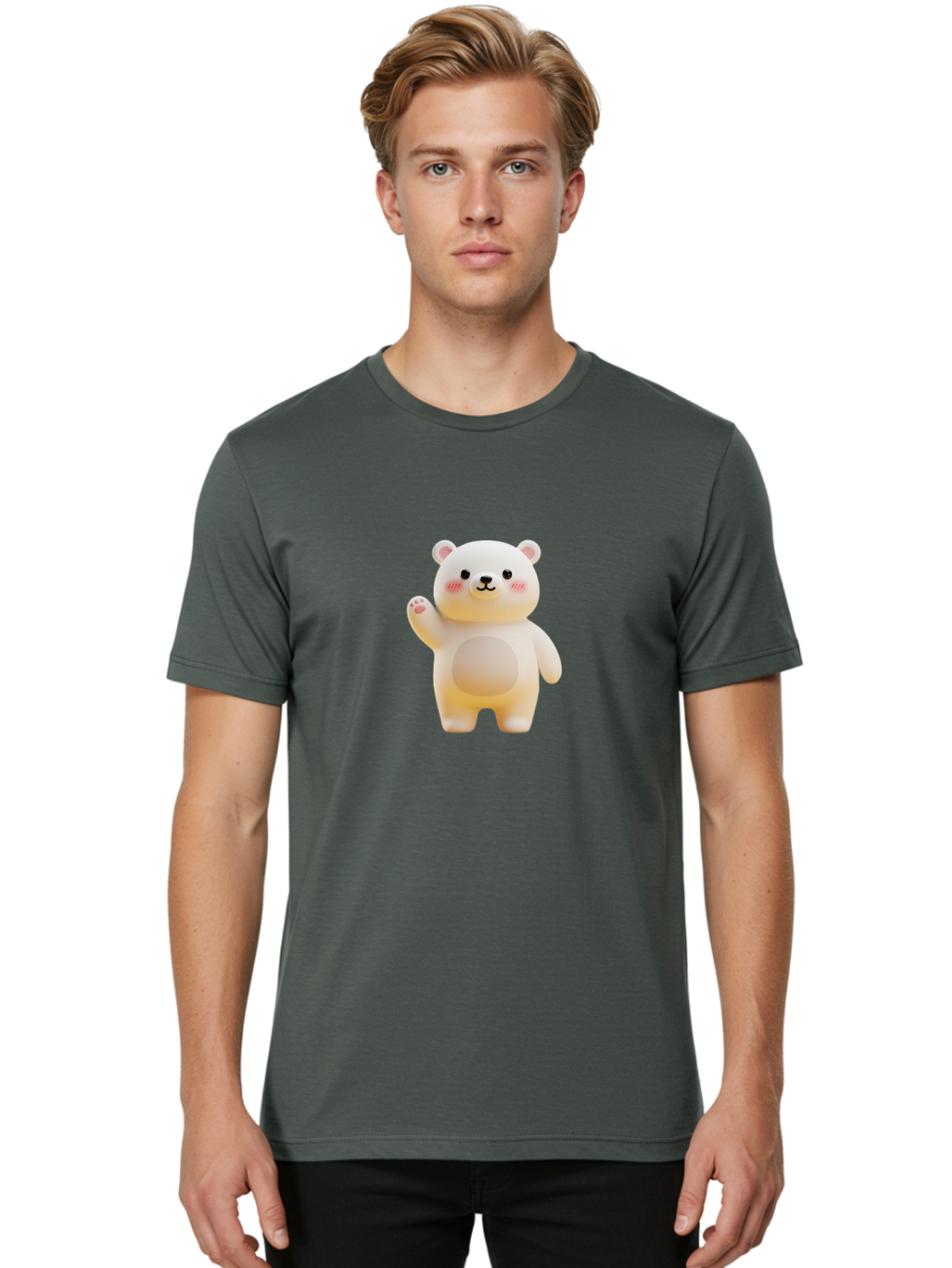 White-Bear-1 Men'S Graphic Tee, 100% Cotton, Comfortable Casual Summer Wear, Machine Washable, Cute Cartoon Bear, White Bear Figurine, Smiling Face, Waving Hand, Soft Toy, Kawaii Character, Nursery Decoration, Plushie, Adorable Animal, Bae819 21