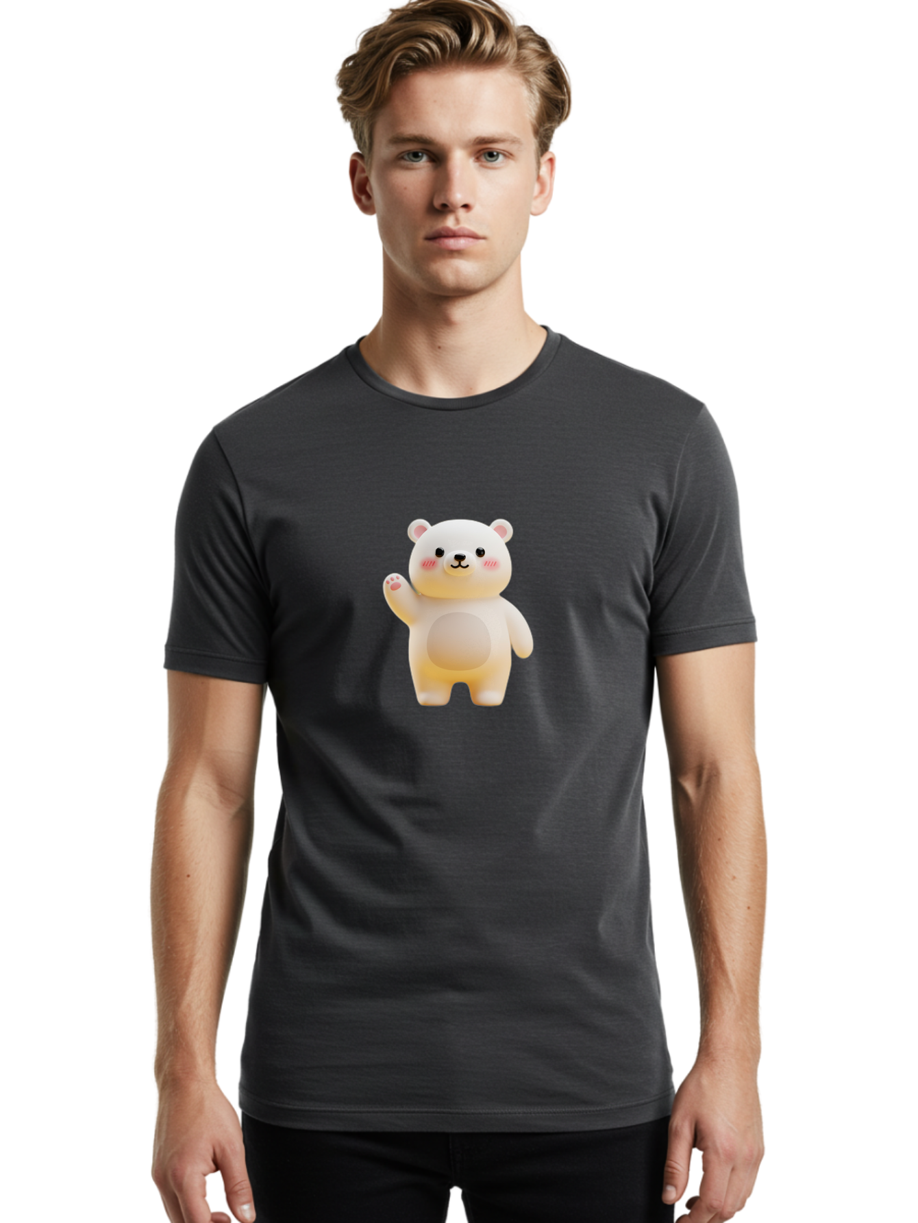 White-Bear-1 Men'S Graphic Tee, 100% Cotton, Comfortable Casual Summer Wear, Machine Washable, Cute Cartoon Bear, White Bear Figurine, Smiling Face, Waving Hand, Soft Toy, Kawaii Character, Nursery Decoration, Plushie, Adorable Animal, Bae819 27