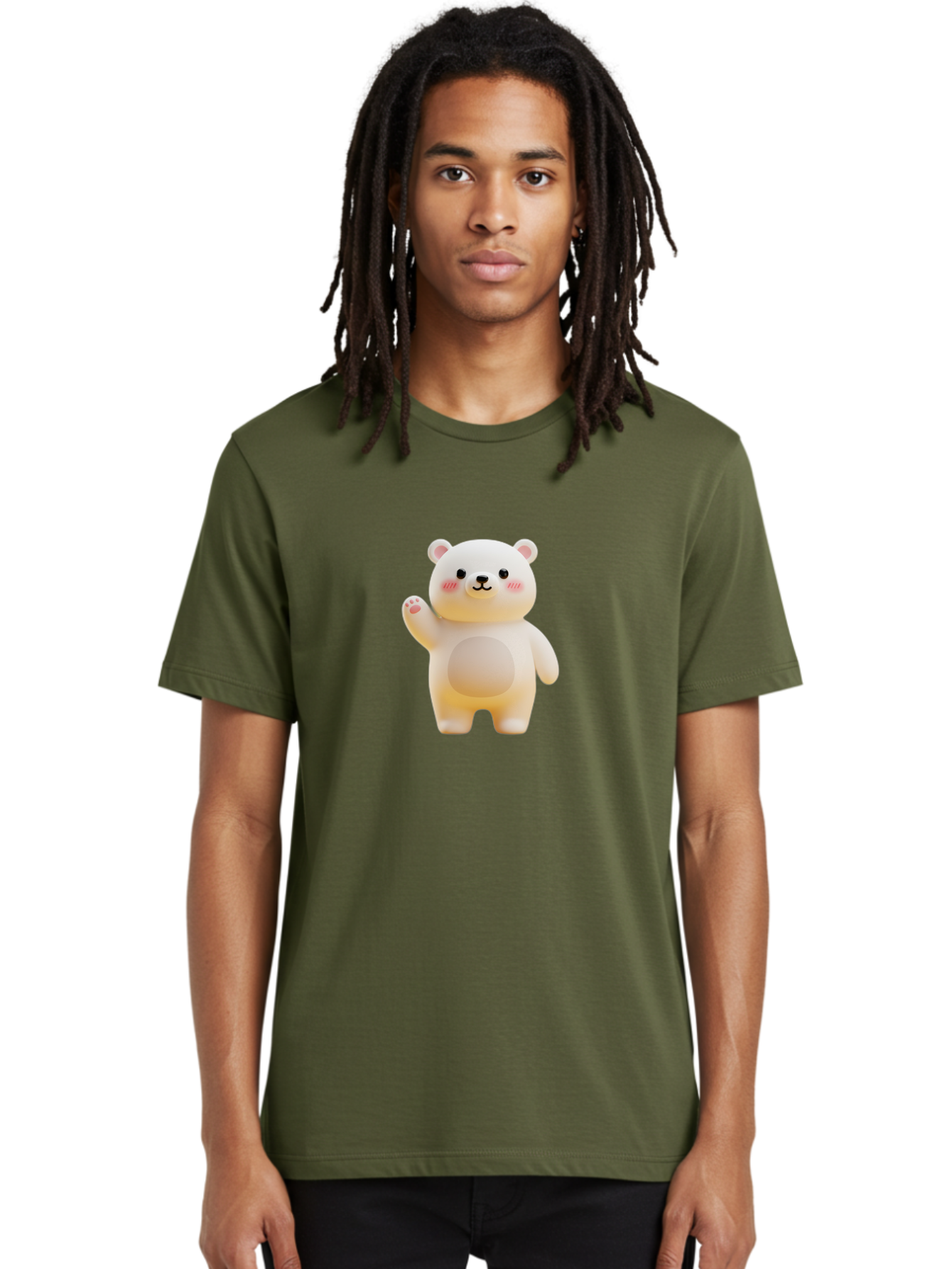 White-Bear-1 Men'S Graphic Tee, 100% Cotton, Comfortable Casual Summer Wear, Machine Washable, Cute Cartoon Bear, White Bear Figurine, Smiling Face, Waving Hand, Soft Toy, Kawaii Character, Nursery Decoration, Plushie, Adorable Animal, Bae819 25
