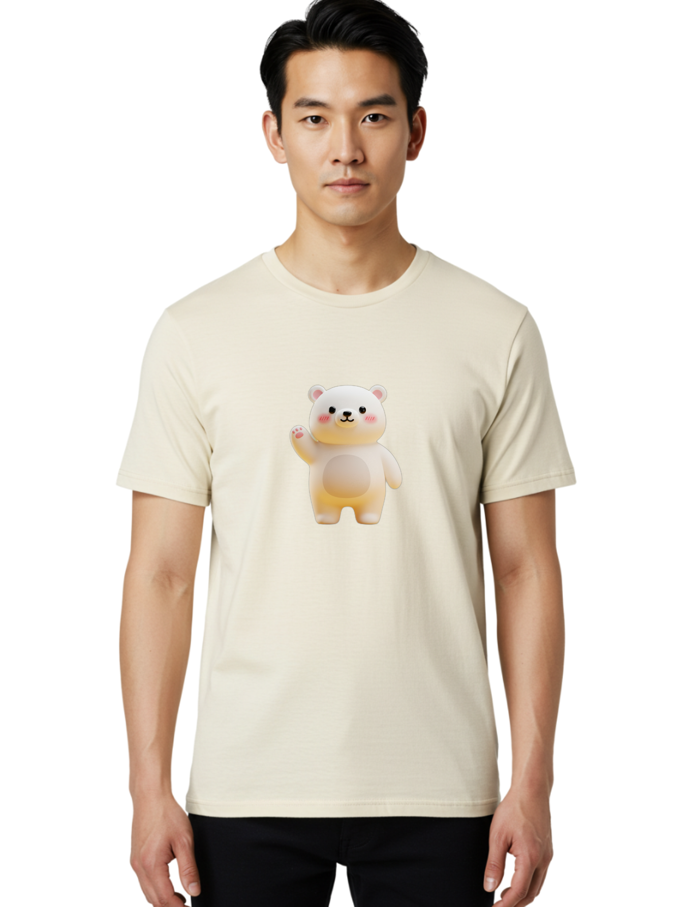White-Bear-1 Men'S Graphic Tee, 100% Cotton, Comfortable Casual Summer Wear, Machine Washable, Cute Cartoon Bear, White Bear Figurine, Smiling Face, Waving Hand, Soft Toy, Kawaii Character, Nursery Decoration, Plushie, Adorable Animal, Bae819 30