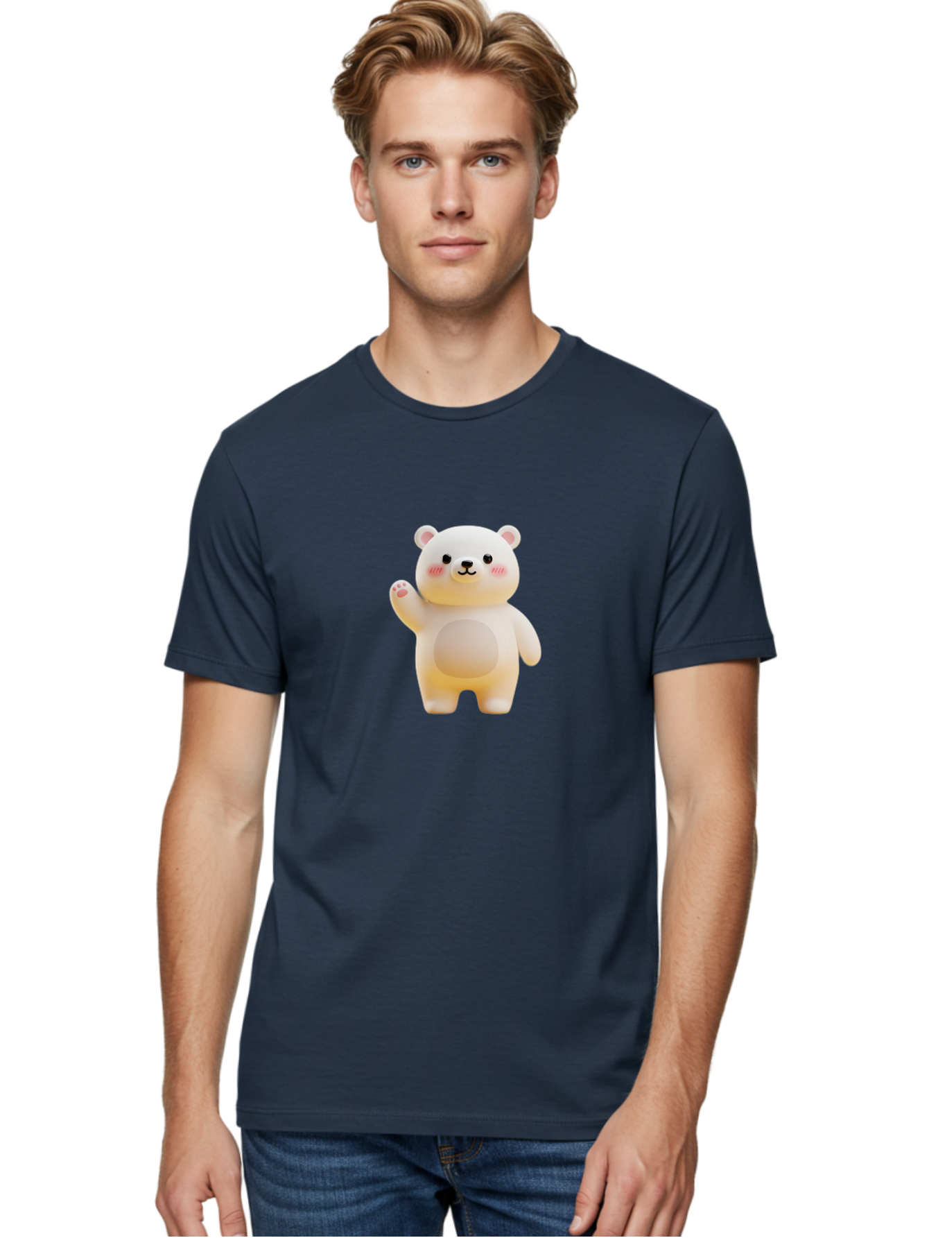 White-Bear-1 Men'S Graphic Tee, 100% Cotton, Comfortable Casual Summer Wear, Machine Washable, Cute Cartoon Bear, White Bear Figurine, Smiling Face, Waving Hand, Soft Toy, Kawaii Character, Nursery Decoration, Plushie, Adorable Animal, Bae819 16