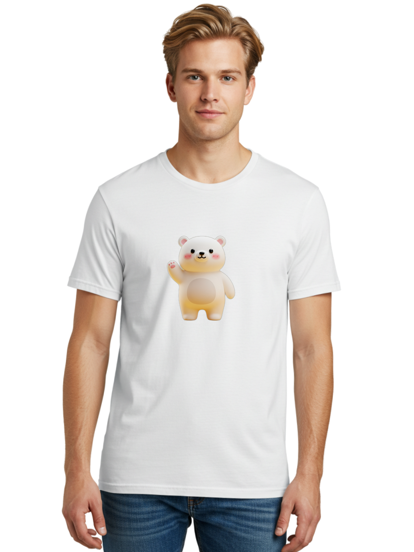 White-Bear-1 Men'S Graphic Tee, 100% Cotton, Comfortable Casual Summer Wear, Machine Washable, Cute Cartoon Bear, White Bear Figurine, Smiling Face, Waving Hand, Soft Toy, Kawaii Character, Nursery Decoration, Plushie, Adorable Animal, Bae819 18