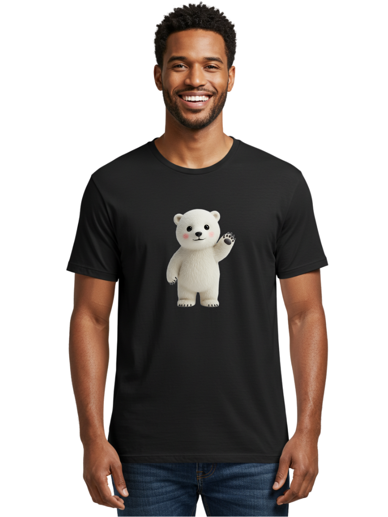 White-Bear Men'S Graphic Tee, 100% Cotton, Comfortable Casual Summer Wear, Machine Washable, Cute Polar Bear, Cartoon Character, Fluffy White Fur, Friendly Gesture, Waving Paw, Adorable Expression, 3D Rendering, Digital Art, Cartoon Style, Bae820 17