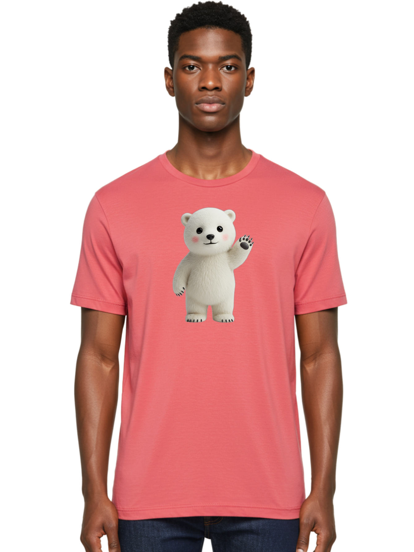White-Bear Men'S Graphic Tee, 100% Cotton, Comfortable Casual Summer Wear, Machine Washable, Cute Polar Bear, Cartoon Character, Fluffy White Fur, Friendly Gesture, Waving Paw, Adorable Expression, 3D Rendering, Digital Art, Cartoon Style, Bae820 20
