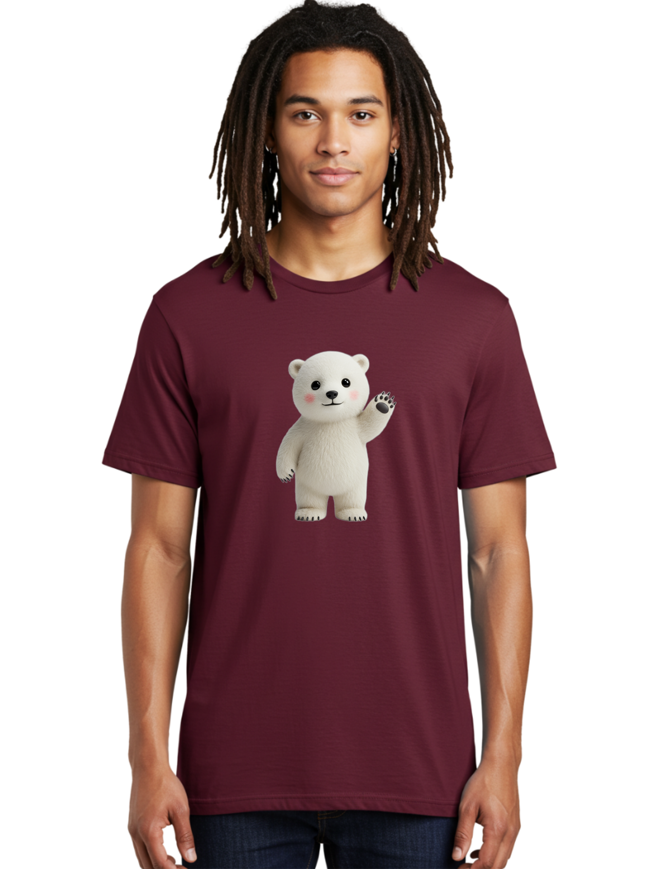 White-Bear Men'S Graphic Tee, 100% Cotton, Comfortable Casual Summer Wear, Machine Washable, Cute Polar Bear, Cartoon Character, Fluffy White Fur, Friendly Gesture, Waving Paw, Adorable Expression, 3D Rendering, Digital Art, Cartoon Style, Bae820 23