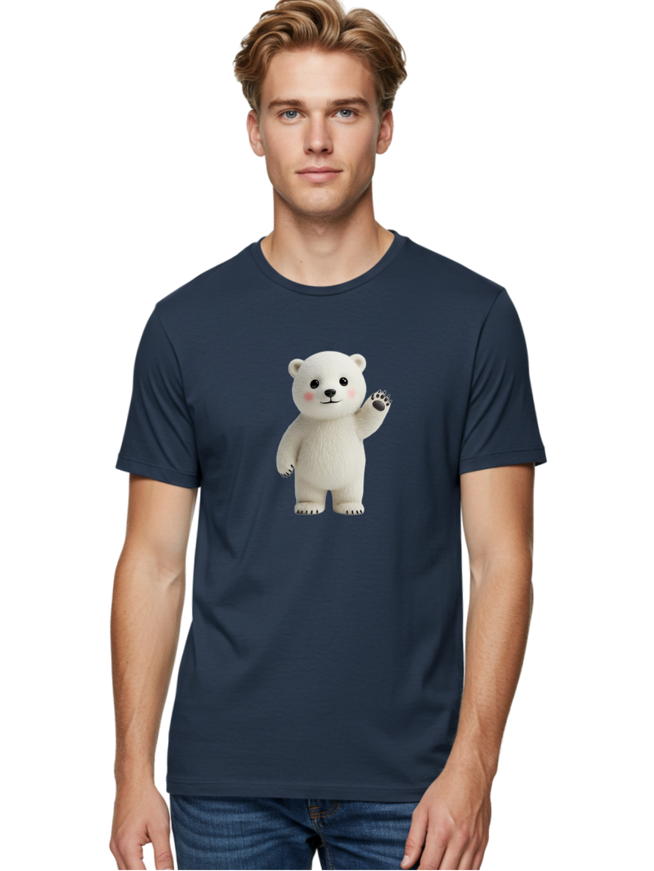 White-Bear Men'S Graphic Tee, 100% Cotton, Comfortable Casual Summer Wear, Machine Washable, Cute Polar Bear, Cartoon Character, Fluffy White Fur, Friendly Gesture, Waving Paw, Adorable Expression, 3D Rendering, Digital Art, Cartoon Style, Bae820 25
