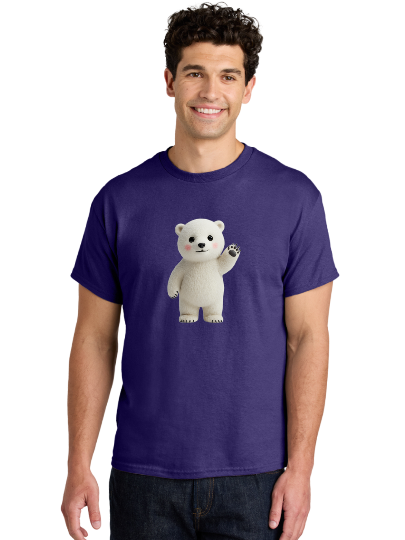 White-Bear Men'S Graphic Tee, 100% Cotton, Comfortable Casual Summer Wear, Machine Washable, Cute Polar Bear, Cartoon Character, Fluffy White Fur, Friendly Gesture, Waving Paw, Adorable Expression, 3D Rendering, Digital Art, Cartoon Style, Bae820 27