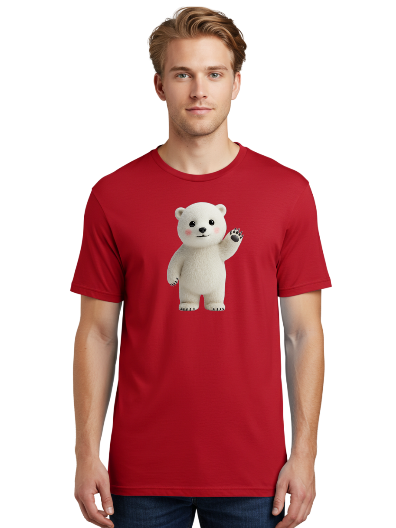 White-Bear Men'S Graphic Tee, 100% Cotton, Comfortable Casual Summer Wear, Machine Washable, Cute Polar Bear, Cartoon Character, Fluffy White Fur, Friendly Gesture, Waving Paw, Adorable Expression, 3D Rendering, Digital Art, Cartoon Style, Bae820 21