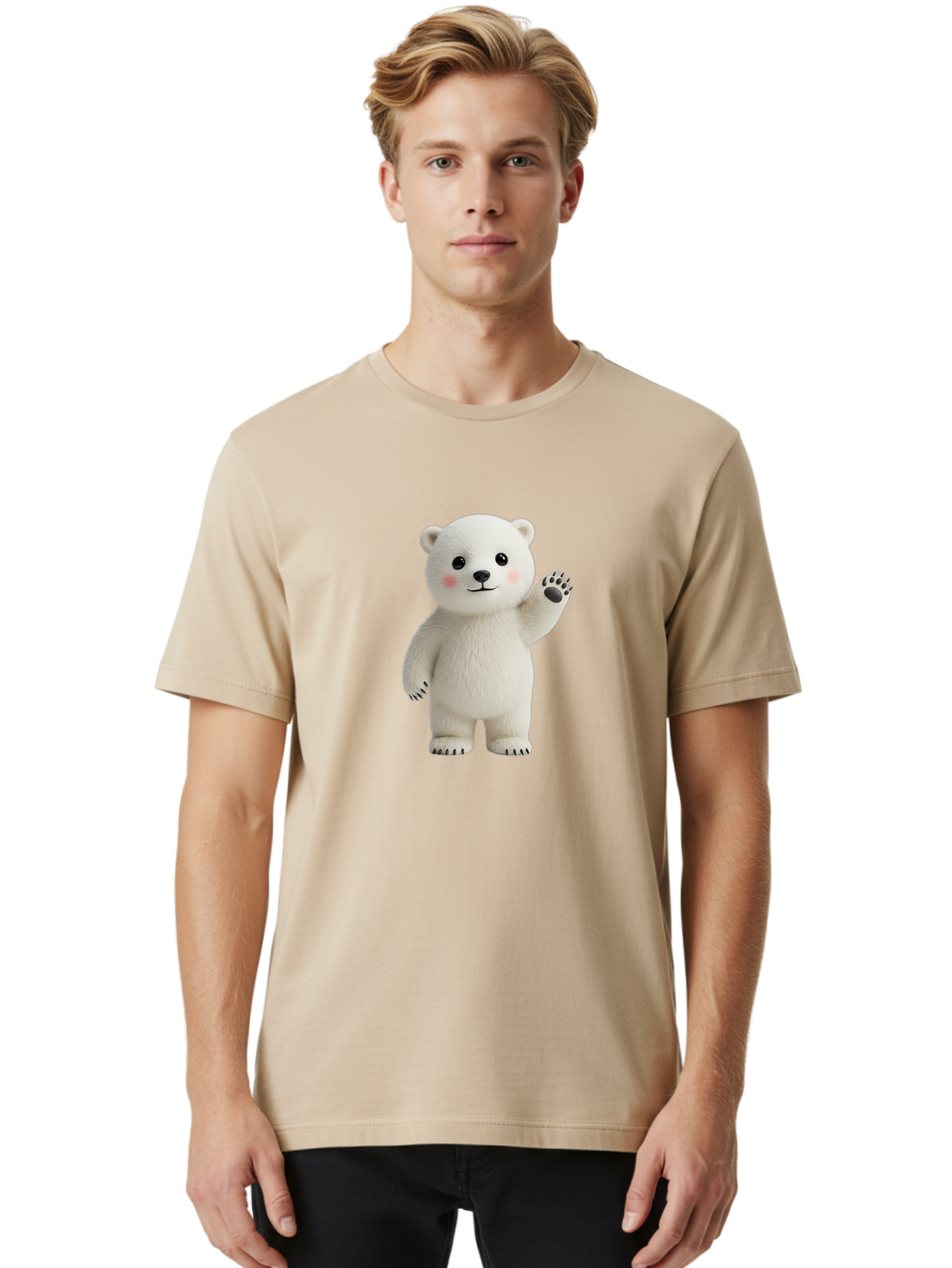 White-Bear Men'S Graphic Tee, 100% Cotton, Comfortable Casual Summer Wear, Machine Washable, Cute Polar Bear, Cartoon Character, Fluffy White Fur, Friendly Gesture, Waving Paw, Adorable Expression, 3D Rendering, Digital Art, Cartoon Style, Bae820 22