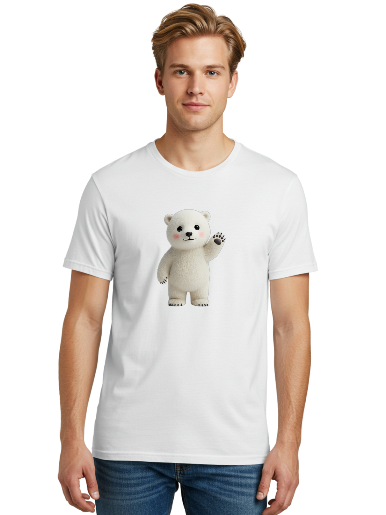 White-Bear Men'S Graphic Tee, 100% Cotton, Comfortable Casual Summer Wear, Machine Washable, Cute Polar Bear, Cartoon Character, Fluffy White Fur, Friendly Gesture, Waving Paw, Adorable Expression, 3D Rendering, Digital Art, Cartoon Style, Bae820 18