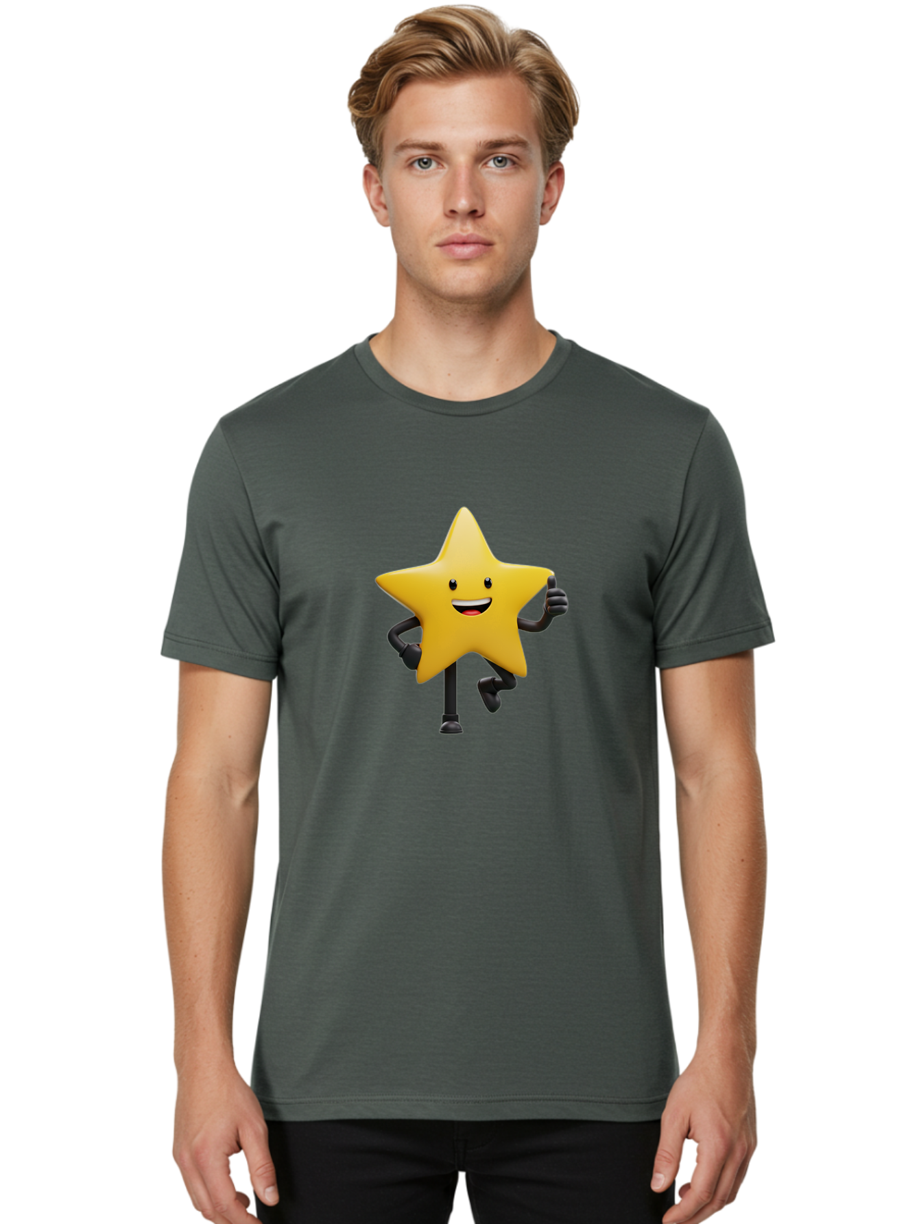 Yellow-Star Men'S Graphic Tee, 100% Cotton, Comfortable Casual Summer Wear, Machine Washable, Cartoon Star, Yellow Star, Smiling Face, Happy Expression, Stick Legs, Animated Character, Funny Star, Cartoon Graphics, Character Design, Bae821 21