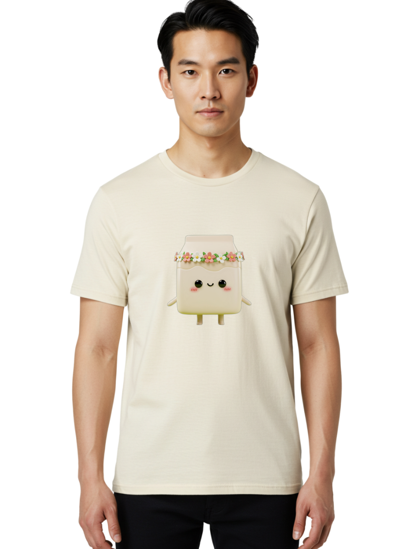 Yogurt-With-Flowers Men'S Graphic Tee, 100% Cotton, Comfortable Casual Summer Wear, Machine Washable, Yogurt Bottle With Floral Crown, Cute Anime Character, Kawaii Food, Pastel Colors, Floral Decoration, Adorable Design, Cartoon Style, Bae822 26