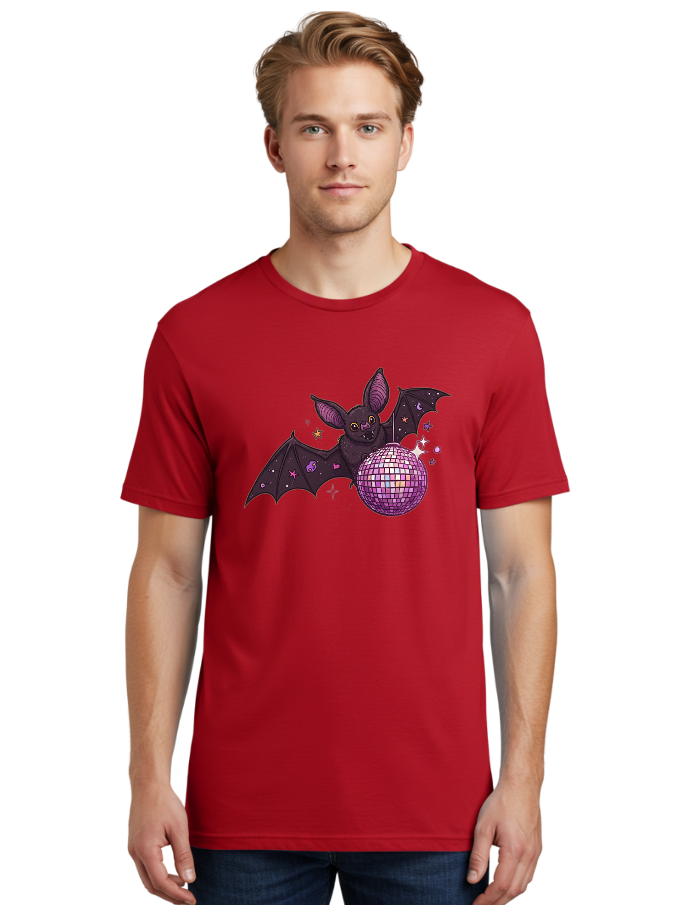Bat-Holding-Disco-Ball-2 Men'S Graphic Tee, 100% Cotton, Comfortable Casual Summer Wear, Machine Washable, Vintage Camera, Old Camera, Antique Camera, Black Camera, Classic Photography, Photography Equipment, Nostalgic Device, Film Camera, Baf692 24