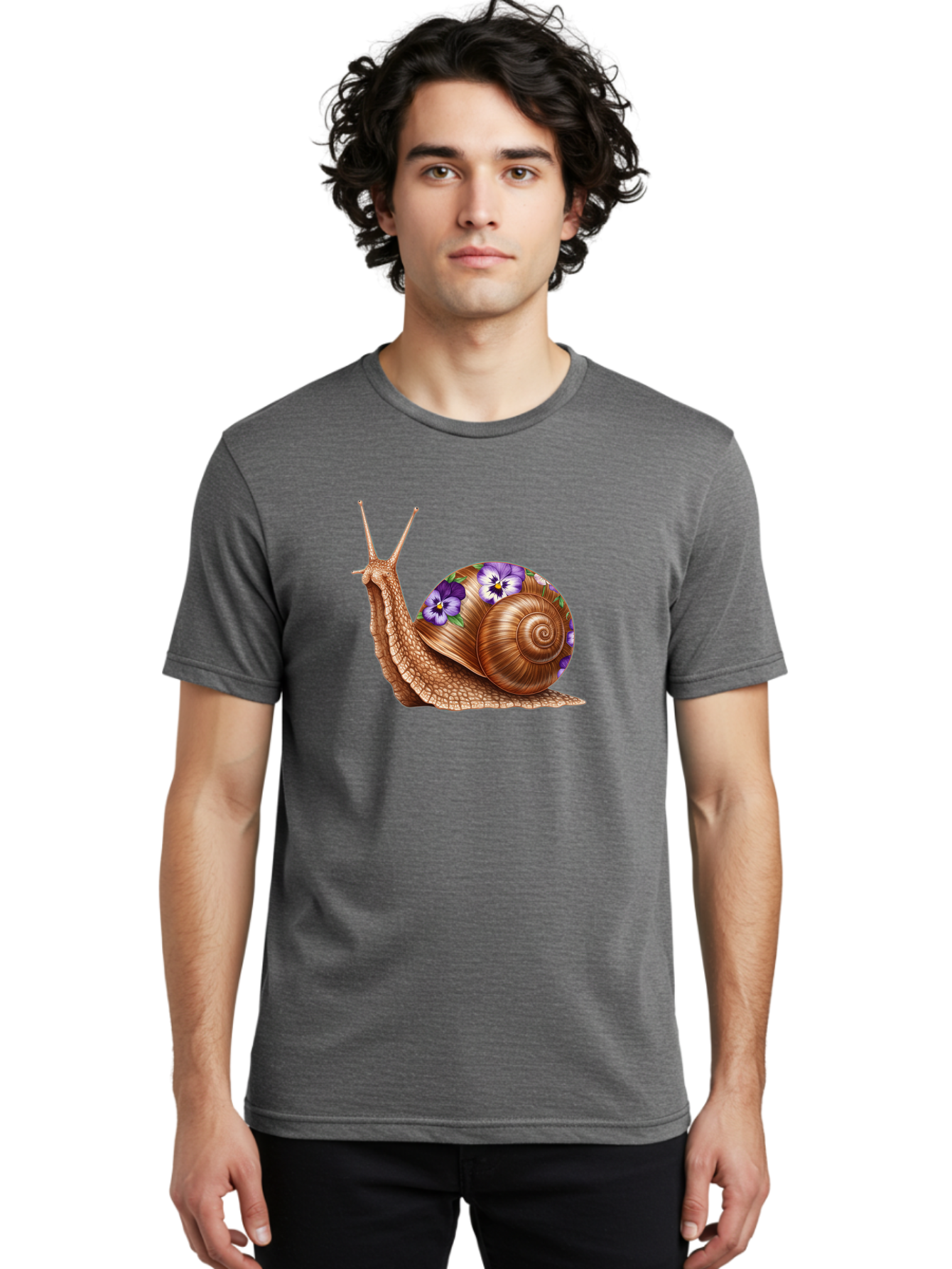 Snail-With-Purple-Flowers-1 Men'S Graphic Tee, 100% Cotton, Comfortable Casual Summer Wear, Machine Washable, Vintage Camera, Old Camera, Antique Camera, Black Camera, Classic Photography, Photography Equipment, Nostalgic Device, Film Camera, Bag025 25