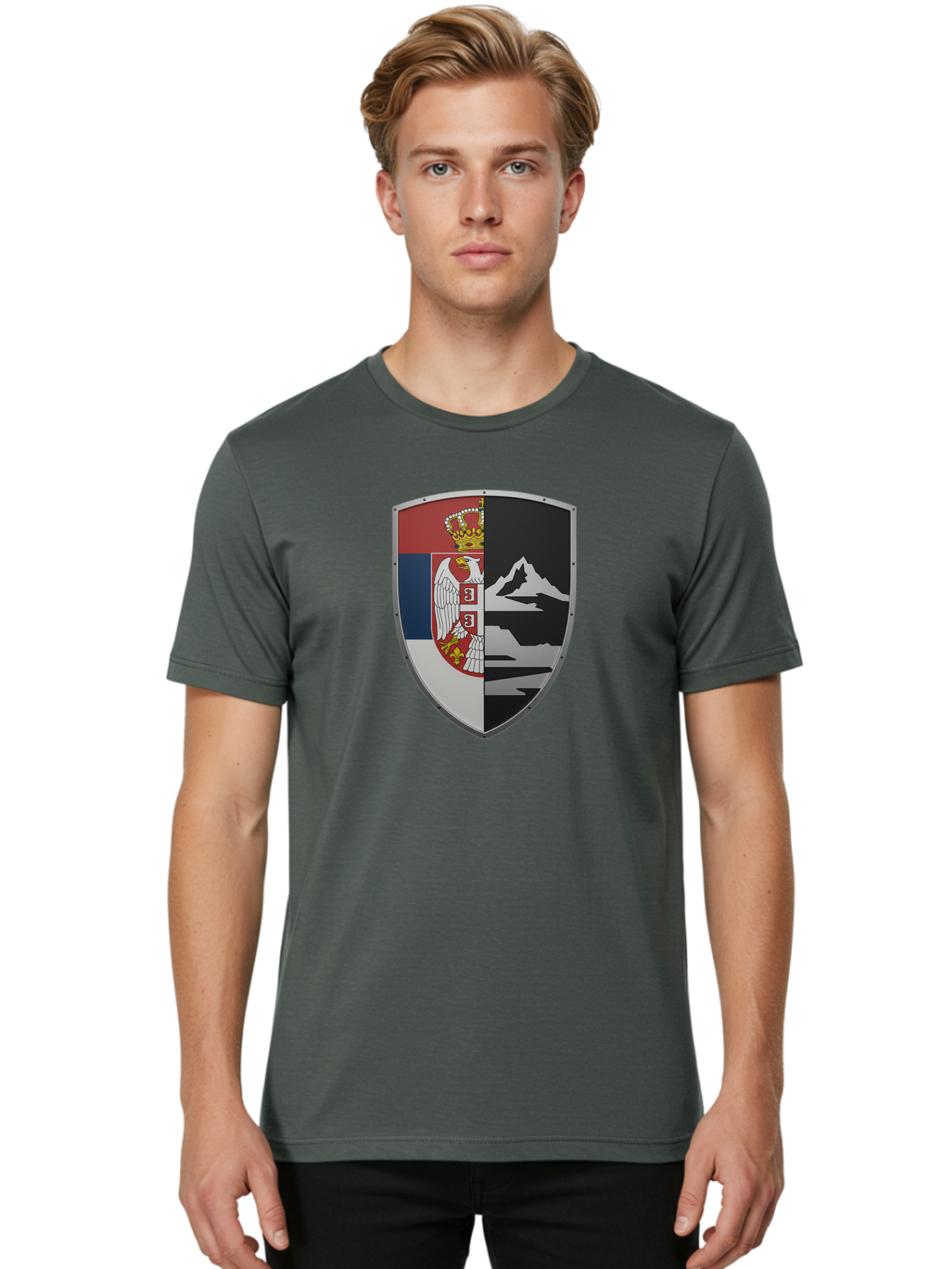 Shield-With-Eagle-And-Mountain Men'S Graphic Tee, 100% Cotton, Comfortable Casual Summer Wear, Machine Washable, Vintage Camera, Old Camera, Antique Camera, Black Camera, Classic Photography, Photography Equipment, Nostalgic Device, Bah100 20