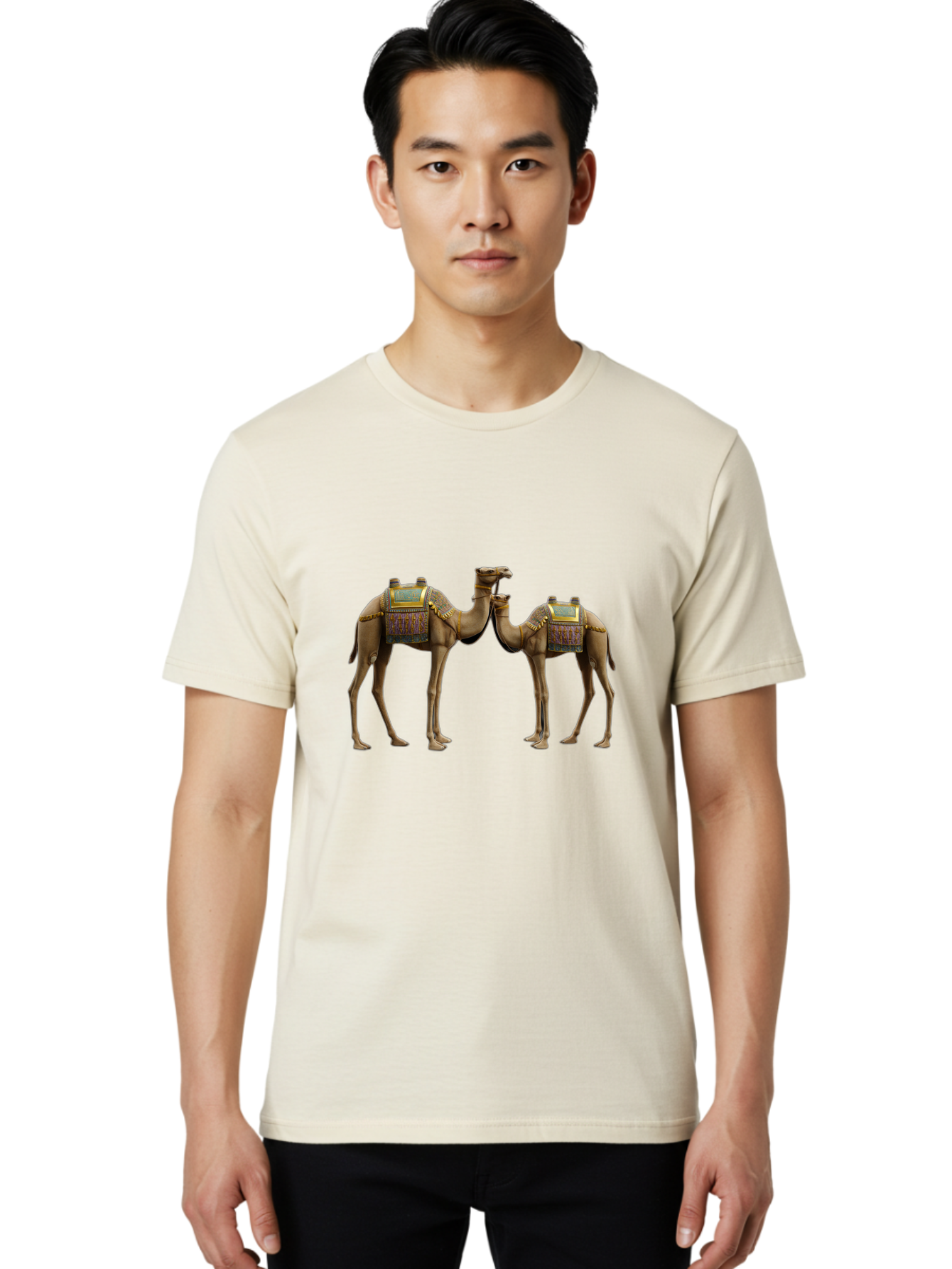 Two-Camels-1 Men'S Graphic Tee, 100% Cotton, Comfortable Casual Summer Wear, Machine Washable, Vintage Camera, Old Camera, Antique Camera, Black Camera, Classic Photography, Photography Equipment, Nostalgic Device, Film Camera, Camera Art Bah300 30
