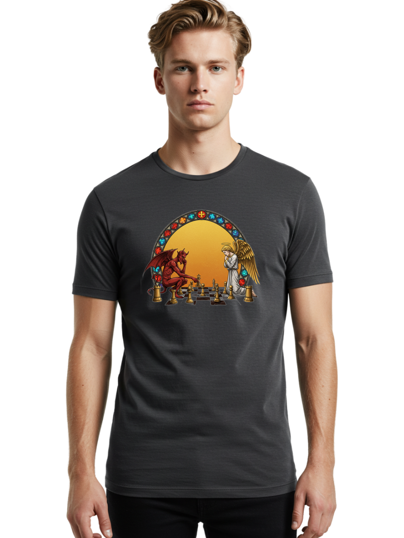 Angel-Vs-Devil-Chess-1 Men'S Graphic Tee, 100% Cotton, Comfortable Casual Summer Wear, Machine Washable, Vintage Camera, Old Camera, Antique Camera, Black Camera, Classic Photography, Photography Equipment, Nostalgic Device, Film Camera, Bah426 19