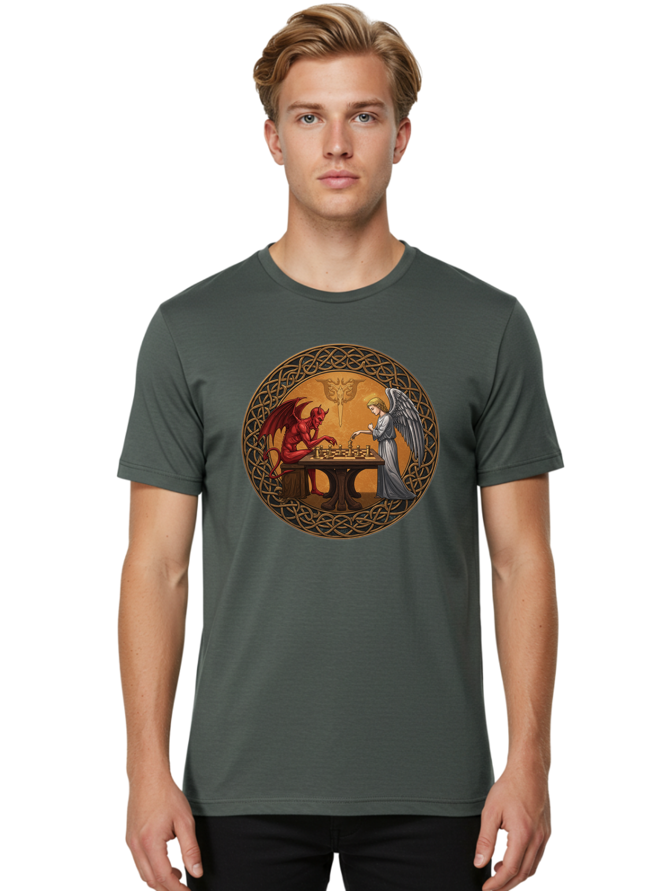 Angel-Vs-Devil-Chess-2 Men'S Graphic Tee, 100% Cotton, Comfortable Casual Summer Wear, Machine Washable, Vintage Camera, Old Camera, Antique Camera, Black Camera, Classic Photography, Photography Equipment, Nostalgic Device, Film Camera, Bah427 16