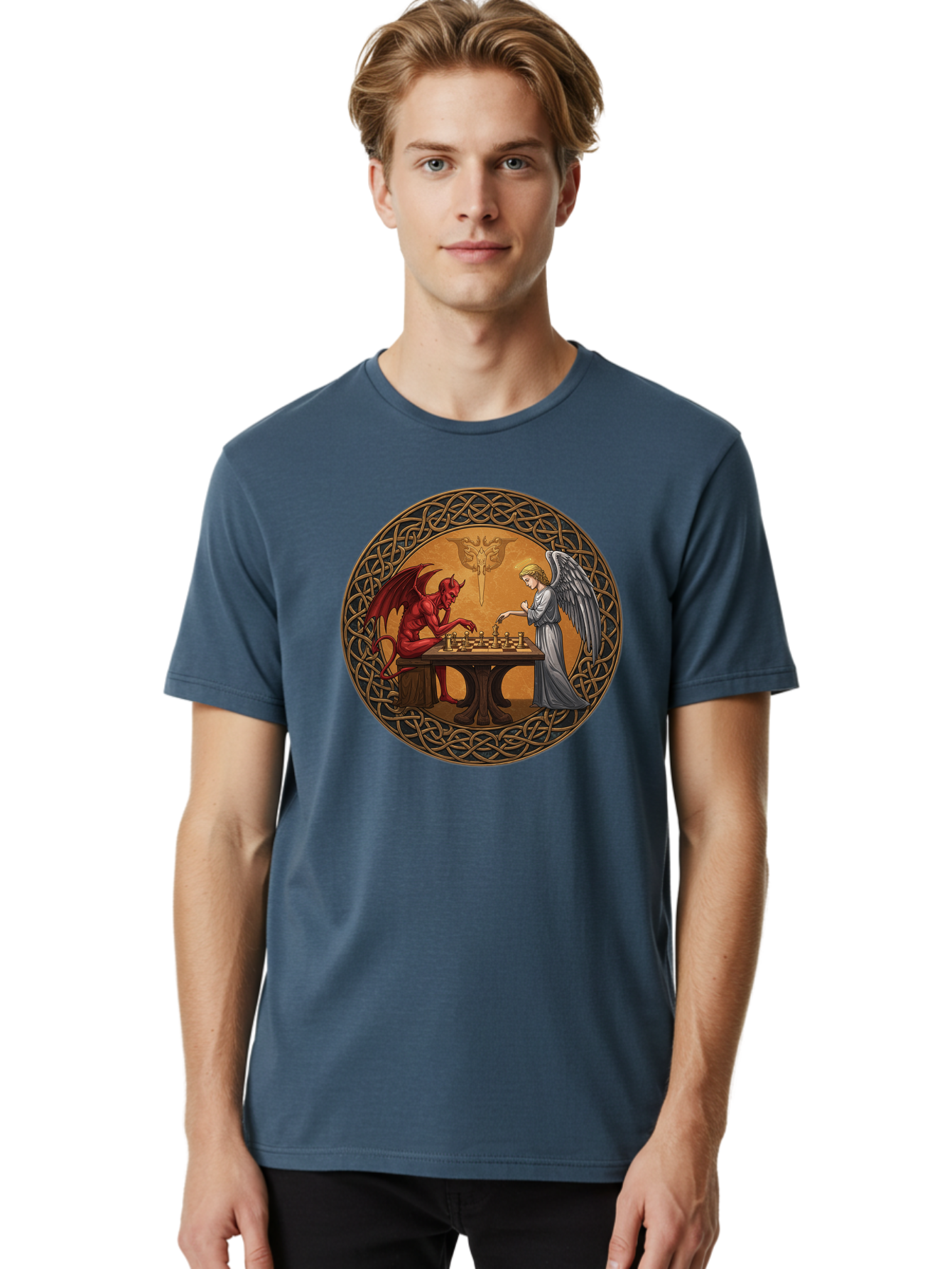 Angel-Vs-Devil-Chess-2 Men'S Graphic Tee, 100% Cotton, Comfortable Casual Summer Wear, Machine Washable, Vintage Camera, Old Camera, Antique Camera, Black Camera, Classic Photography, Photography Equipment, Nostalgic Device, Film Camera, Bah427 27