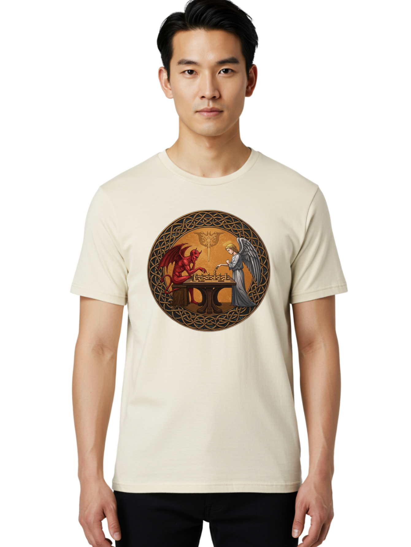 Angel-Vs-Devil-Chess-2 Men'S Graphic Tee, 100% Cotton, Comfortable Casual Summer Wear, Machine Washable, Vintage Camera, Old Camera, Antique Camera, Black Camera, Classic Photography, Photography Equipment, Nostalgic Device, Film Camera, Bah427 20