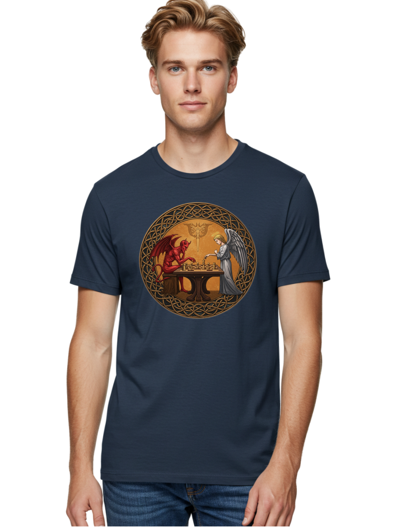 Angel-Vs-Devil-Chess-2 Men'S Graphic Tee, 100% Cotton, Comfortable Casual Summer Wear, Machine Washable, Vintage Camera, Old Camera, Antique Camera, Black Camera, Classic Photography, Photography Equipment, Nostalgic Device, Film Camera, Bah427 23
