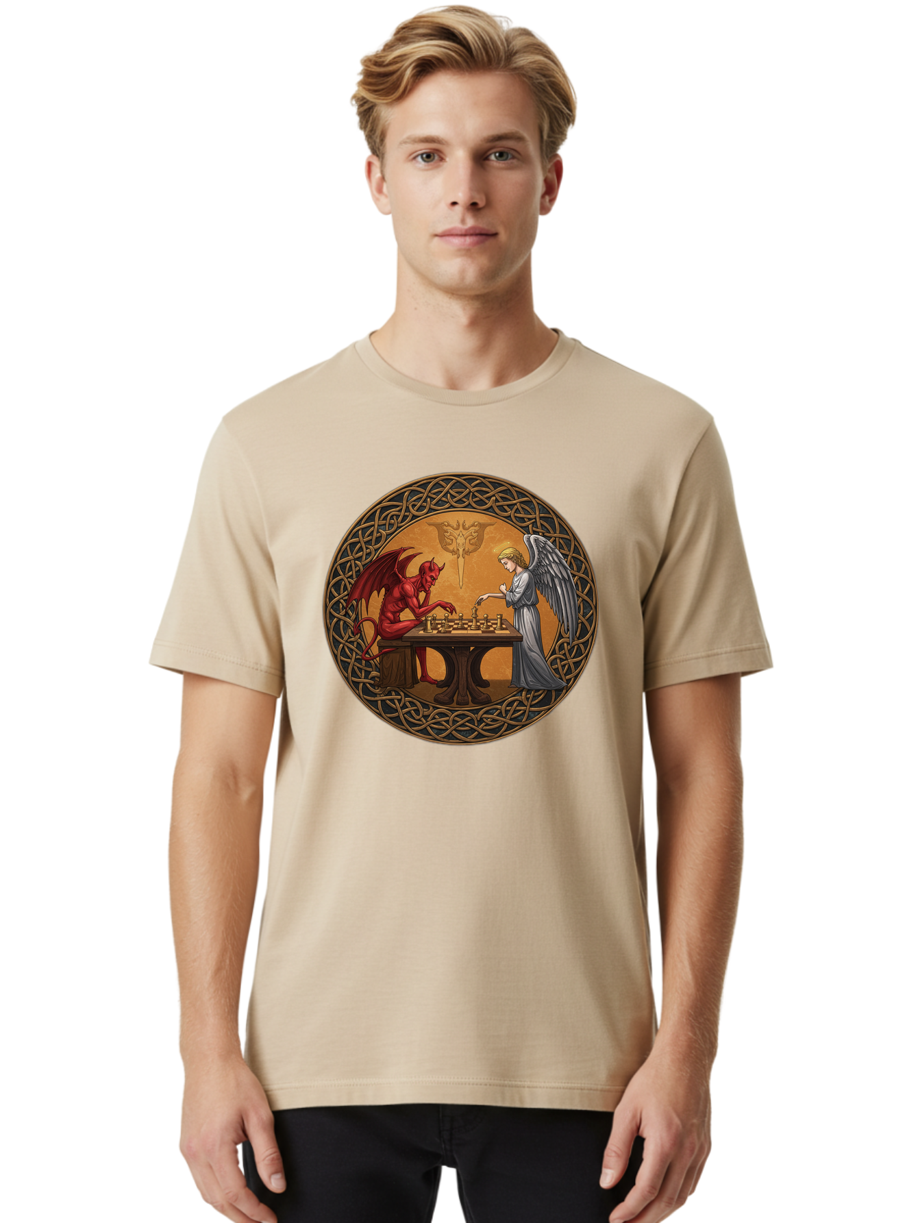 Angel-Vs-Devil-Chess-2 Men'S Graphic Tee, 100% Cotton, Comfortable Casual Summer Wear, Machine Washable, Vintage Camera, Old Camera, Antique Camera, Black Camera, Classic Photography, Photography Equipment, Nostalgic Device, Film Camera, Bah427 29