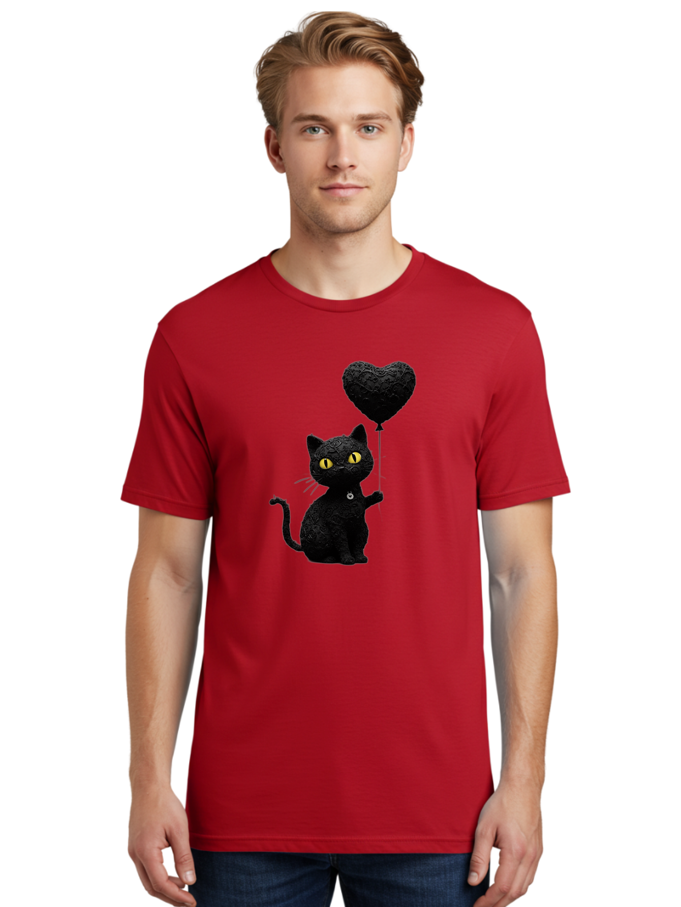 Black-Cat-With-Heart-Balloon Men'S Graphic Tee, 100% Cotton, Comfortable Casual Summer Wear, Machine Washable, Vintage Camera, Old Camera, Antique Camera, Black Camera, Classic Photography, Photography Equipment, Nostalgic Device, Film Camera, Bah593 23