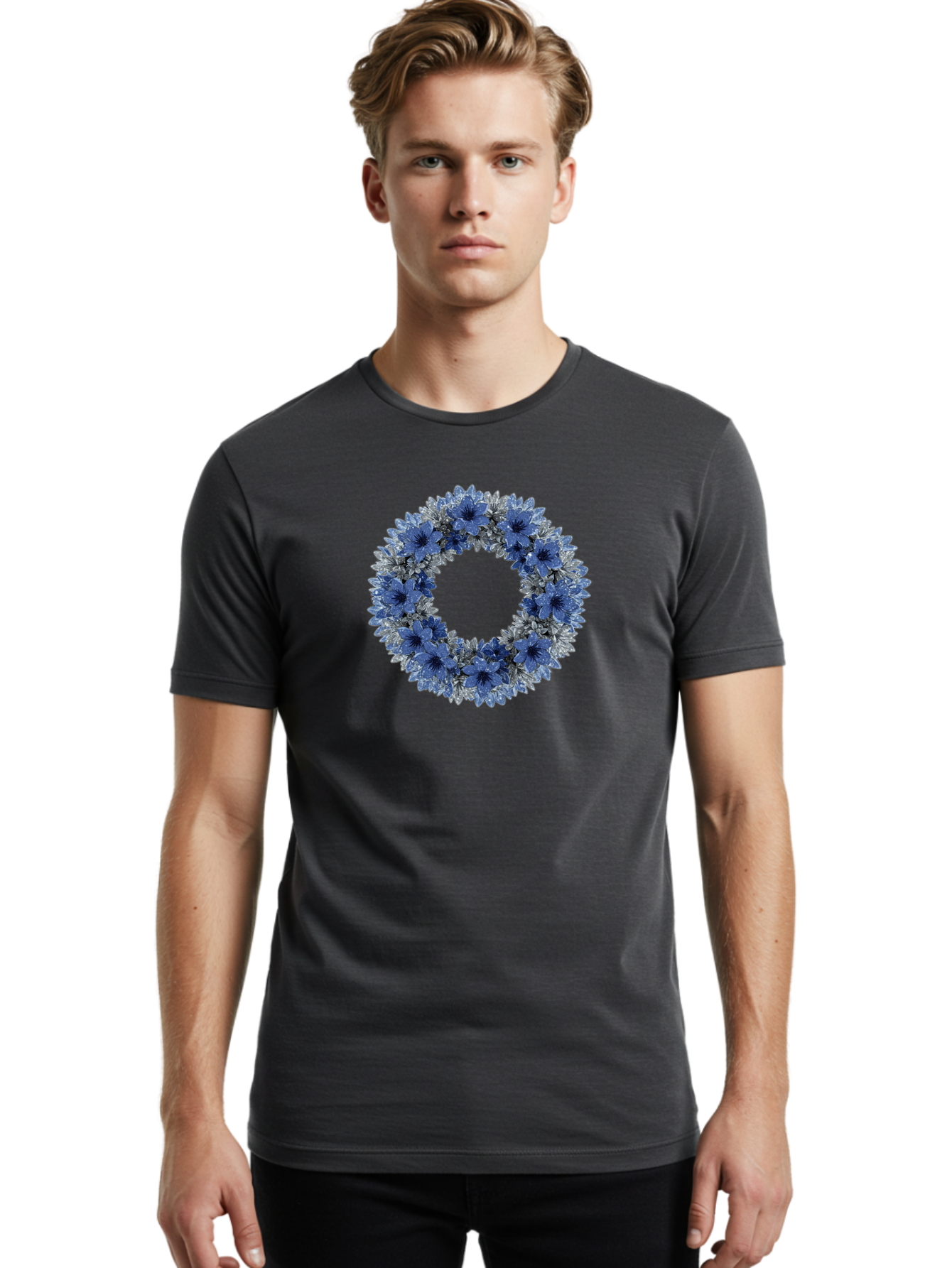 Blue-Flower-Wreath Men'S Graphic Tee, 100% Cotton, Comfortable Casual Summer Wear, Machine Washable, Vintage Camera, Old Camera, Antique Camera, Black Camera, Classic Photography, Photography Equipment, Nostalgic Device, Film Camera, Bah601 26