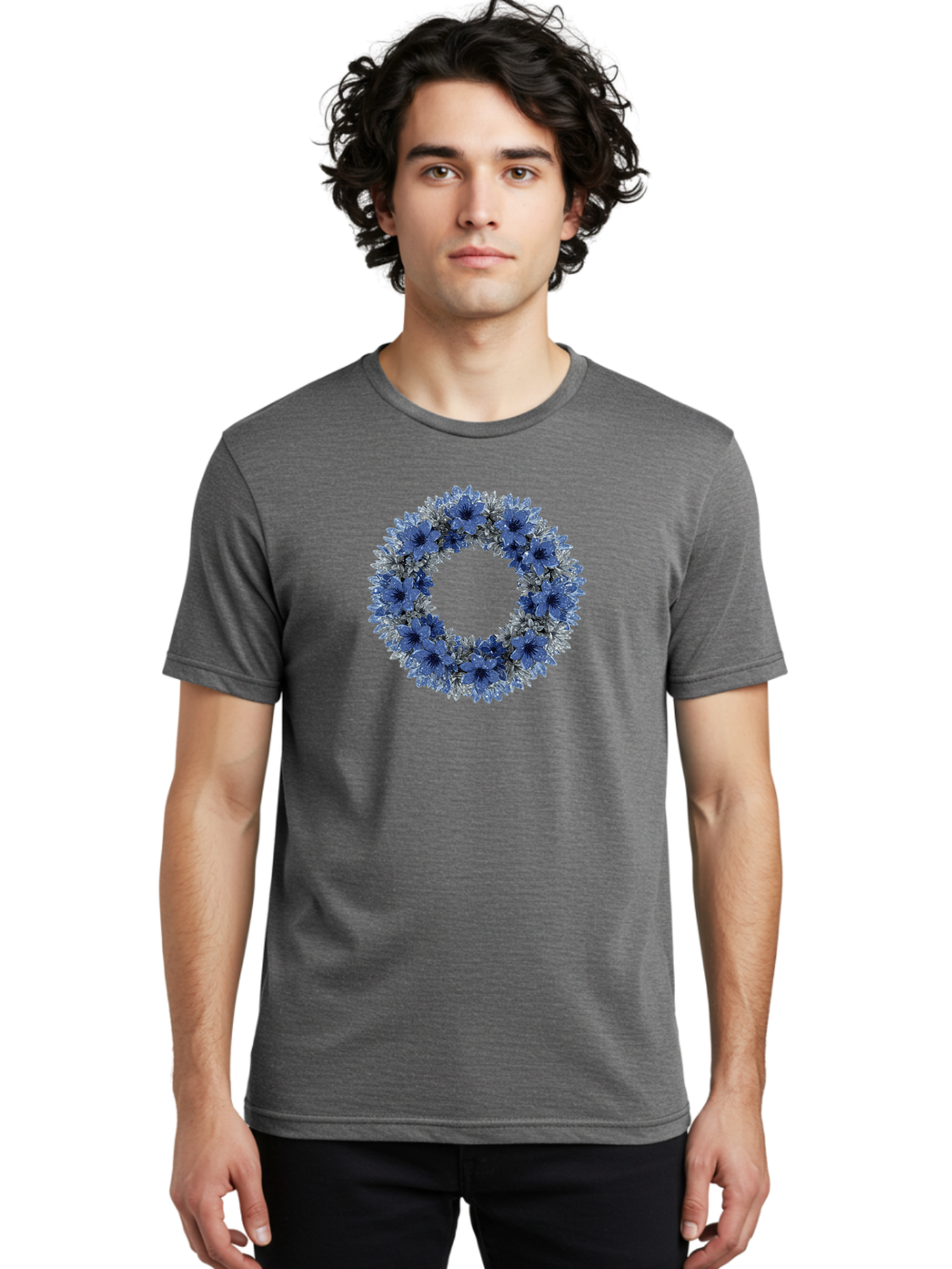 Blue-Flower-Wreath Men'S Graphic Tee, 100% Cotton, Comfortable Casual Summer Wear, Machine Washable, Vintage Camera, Old Camera, Antique Camera, Black Camera, Classic Photography, Photography Equipment, Nostalgic Device, Film Camera, Bah601 17