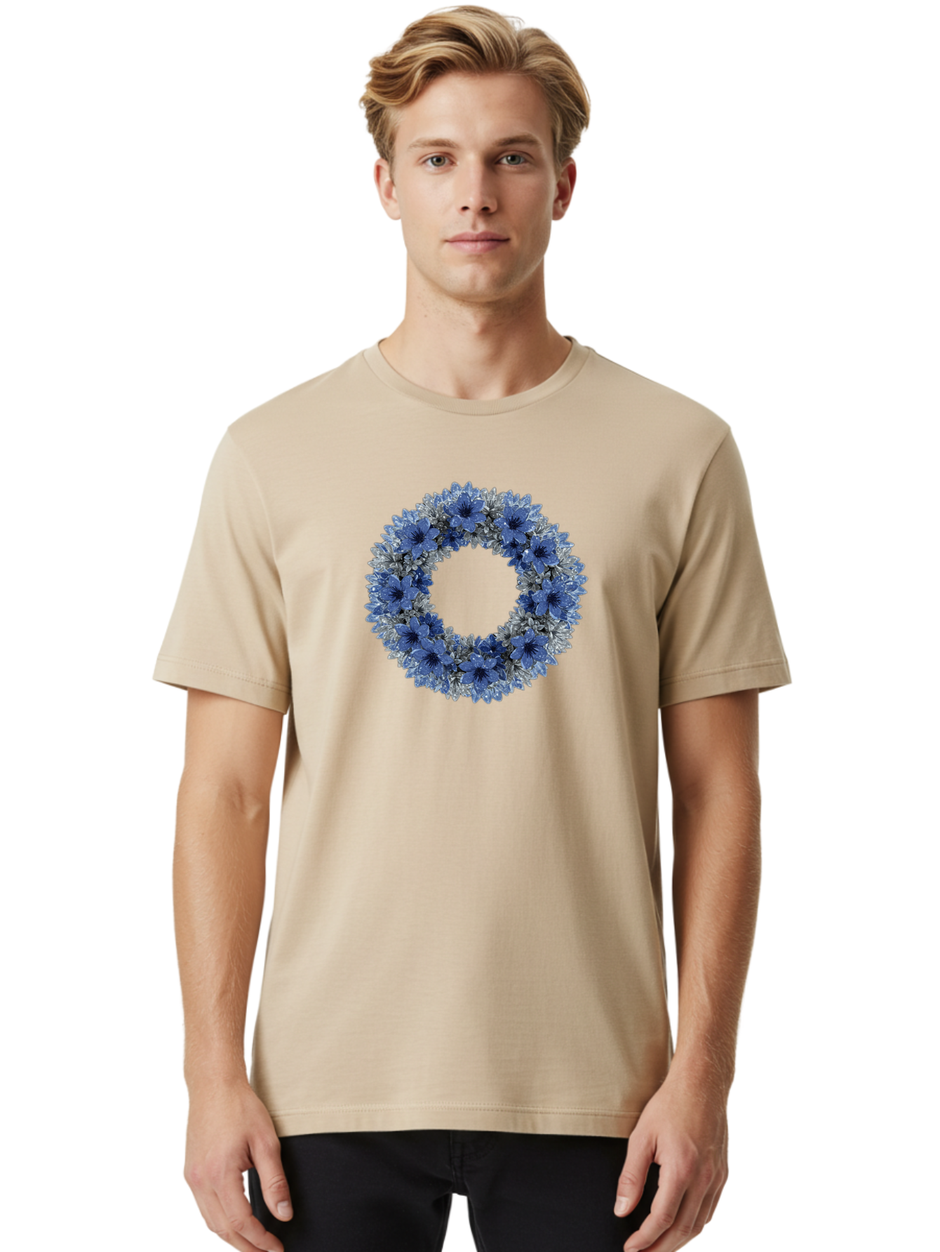 Blue-Flower-Wreath Men'S Graphic Tee, 100% Cotton, Comfortable Casual Summer Wear, Machine Washable, Vintage Camera, Old Camera, Antique Camera, Black Camera, Classic Photography, Photography Equipment, Nostalgic Device, Film Camera, Bah601 25