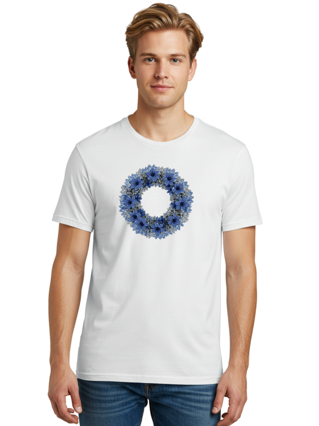 Blue-Flower-Wreath Men'S Graphic Tee, 100% Cotton, Comfortable Casual Summer Wear, Machine Washable, Vintage Camera, Old Camera, Antique Camera, Black Camera, Classic Photography, Photography Equipment, Nostalgic Device, Film Camera, Bah601 18