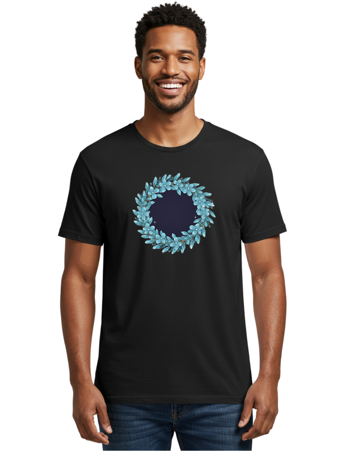 Blue-Flowers-Wreath Men'S Graphic Tee, 100% Cotton, Comfortable Casual Summer Wear, Machine Washable, Vintage Camera, Old Camera, Antique Camera, Black Camera, Classic Photography, Photography Equipment, Nostalgic Device, Film Camera, Bah602 21