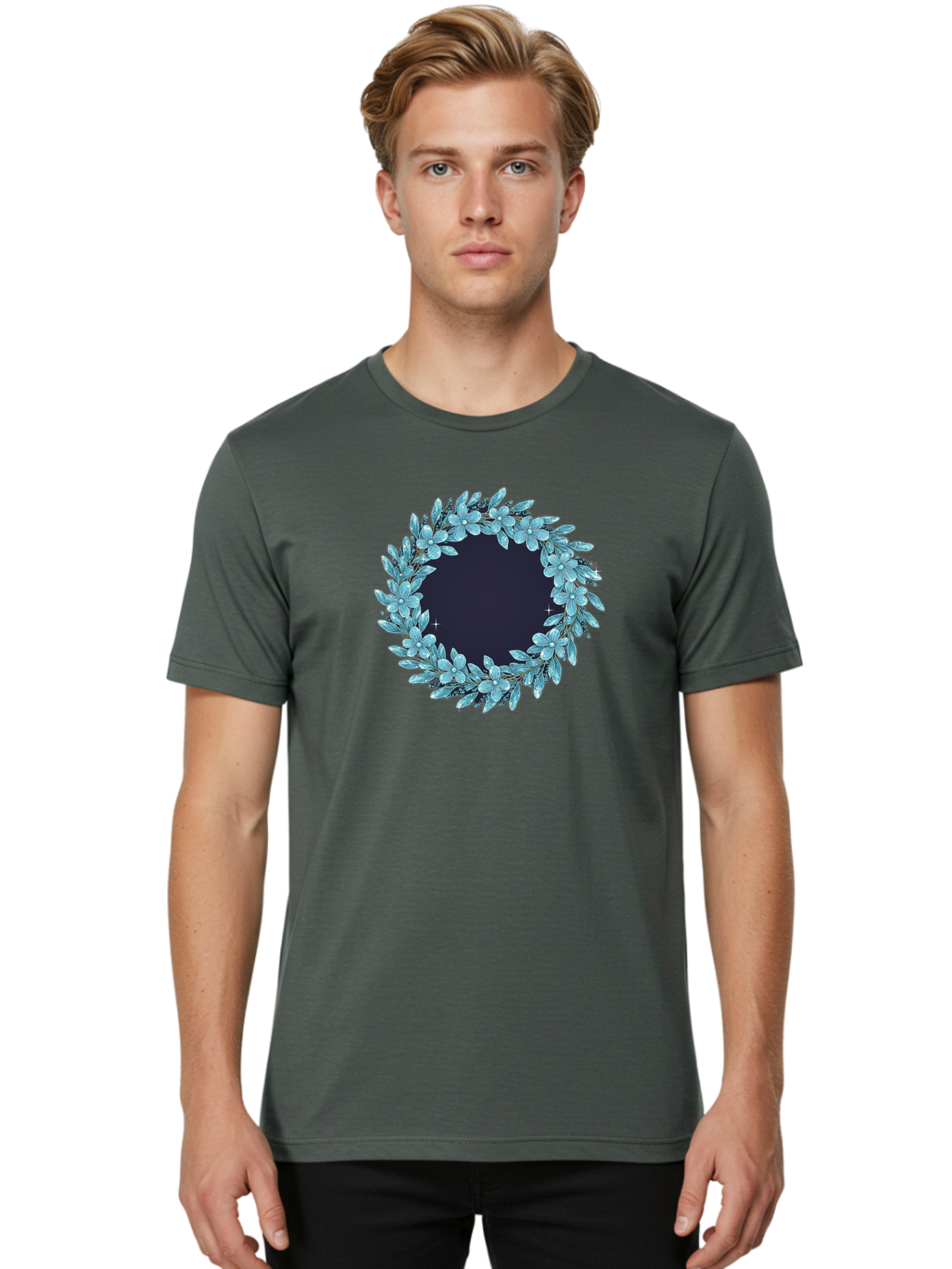 Blue-Flowers-Wreath Men'S Graphic Tee, 100% Cotton, Comfortable Casual Summer Wear, Machine Washable, Vintage Camera, Old Camera, Antique Camera, Black Camera, Classic Photography, Photography Equipment, Nostalgic Device, Film Camera, Bah602 30
