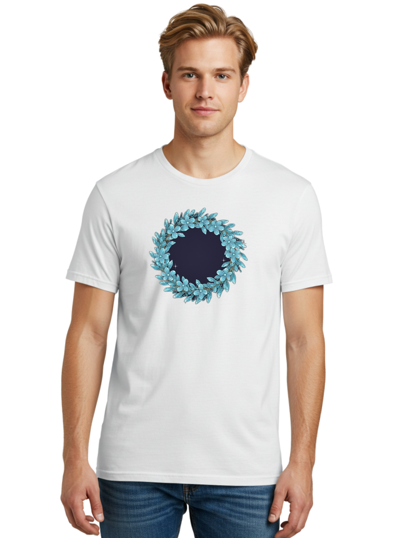 Blue-Flowers-Wreath Men'S Graphic Tee, 100% Cotton, Comfortable Casual Summer Wear, Machine Washable, Vintage Camera, Old Camera, Antique Camera, Black Camera, Classic Photography, Photography Equipment, Nostalgic Device, Film Camera, Bah602 22