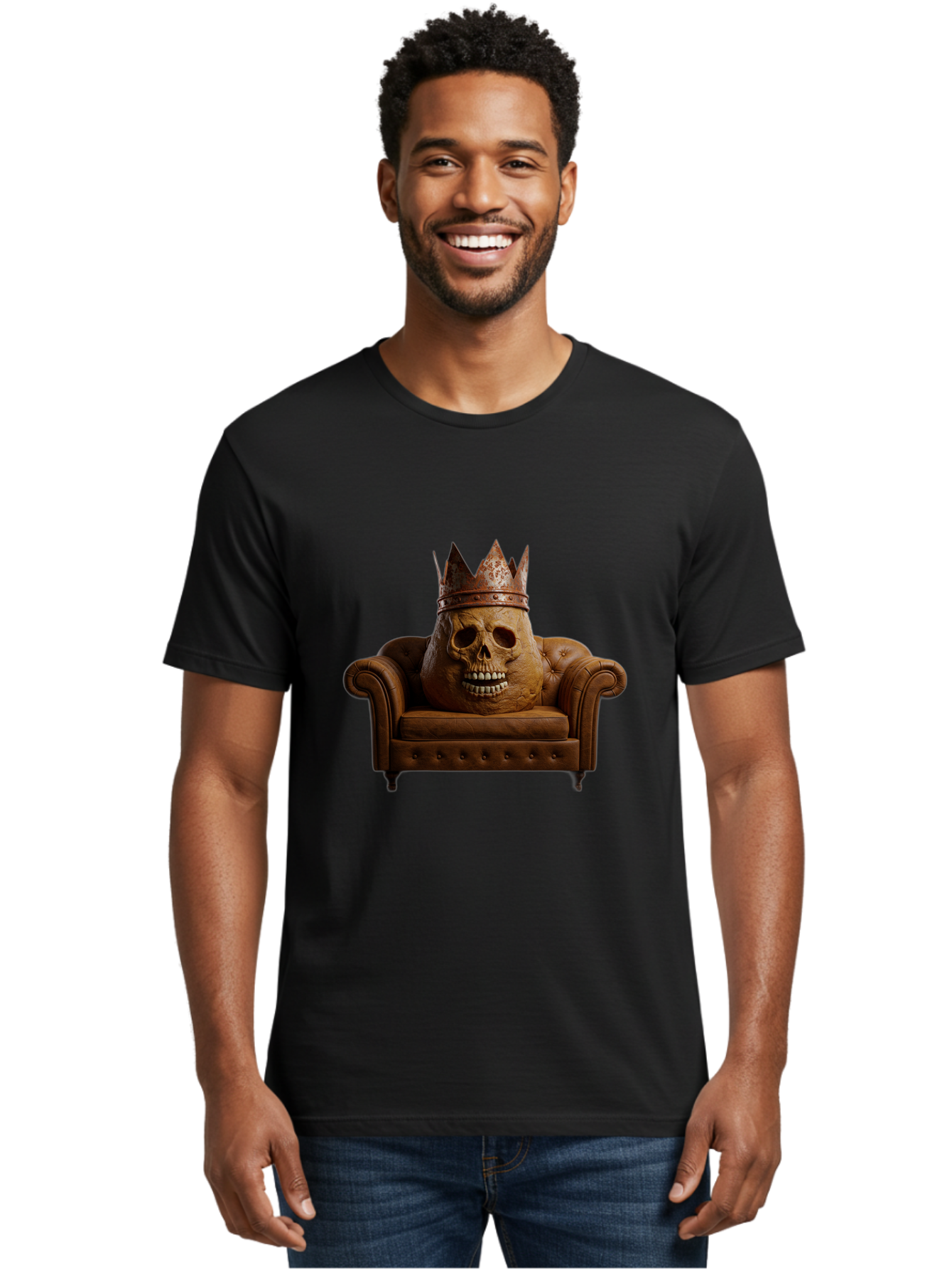 Crowned-Skull-On-Leather-Sofa Men'S Graphic Tee, 100% Cotton, Comfortable Casual Summer Wear, Machine Washable, Vintage Camera, Old Camera, Antique Camera, Black Camera, Classic Photography, Photography Equipment, Nostalgic Device, Bah832 16