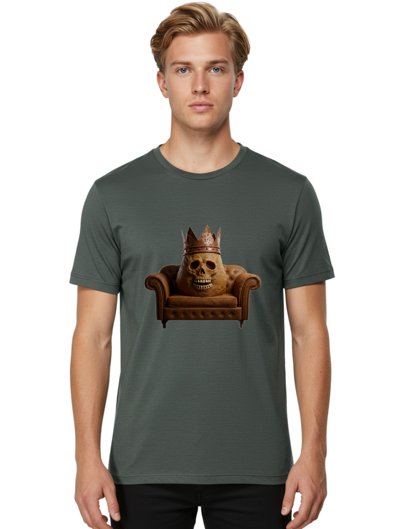 Crowned-Skull-On-Leather-Sofa Men'S Graphic Tee, 100% Cotton, Comfortable Casual Summer Wear, Machine Washable, Vintage Camera, Old Camera, Antique Camera, Black Camera, Classic Photography, Photography Equipment, Nostalgic Device, Bah832 28