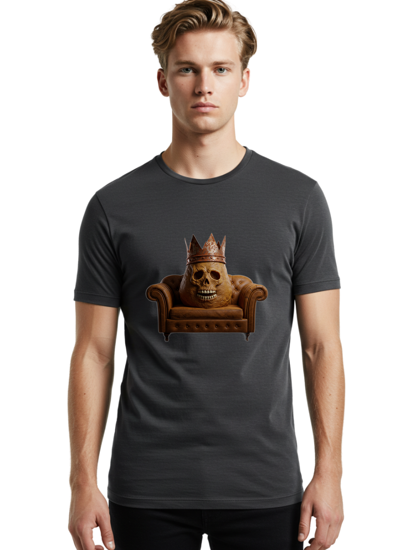 Crowned-Skull-On-Leather-Sofa Men'S Graphic Tee, 100% Cotton, Comfortable Casual Summer Wear, Machine Washable, Vintage Camera, Old Camera, Antique Camera, Black Camera, Classic Photography, Photography Equipment, Nostalgic Device, Bah832 29