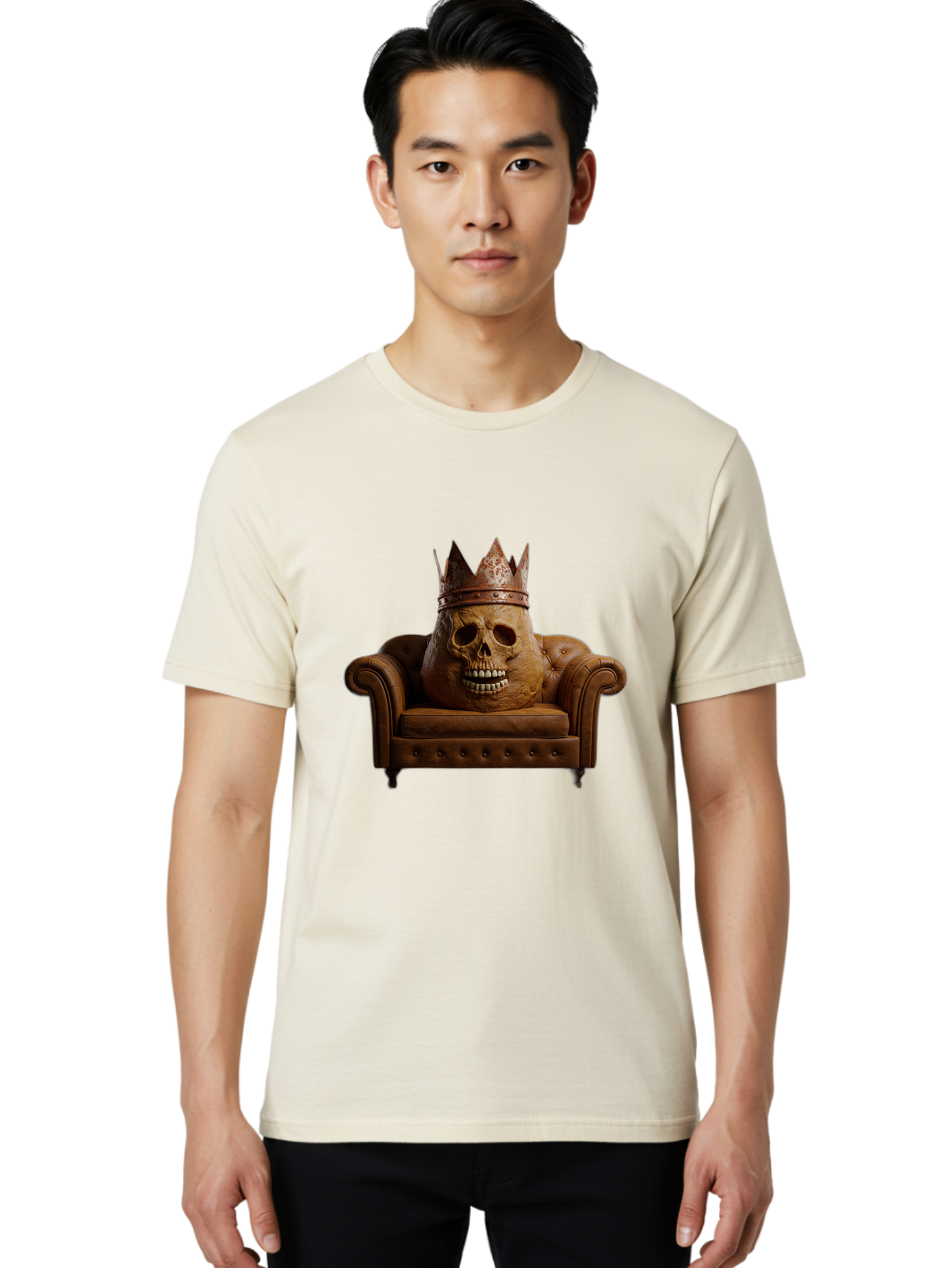 Crowned-Skull-On-Leather-Sofa Men'S Graphic Tee, 100% Cotton, Comfortable Casual Summer Wear, Machine Washable, Vintage Camera, Old Camera, Antique Camera, Black Camera, Classic Photography, Photography Equipment, Nostalgic Device, Bah832 22