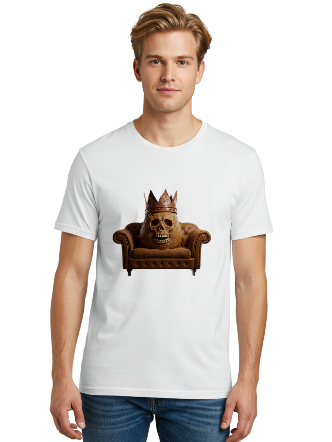 Crowned-Skull-On-Leather-Sofa Men'S Graphic Tee, 100% Cotton, Comfortable Casual Summer Wear, Machine Washable, Vintage Camera, Old Camera, Antique Camera, Black Camera, Classic Photography, Photography Equipment, Nostalgic Device, Bah832 24