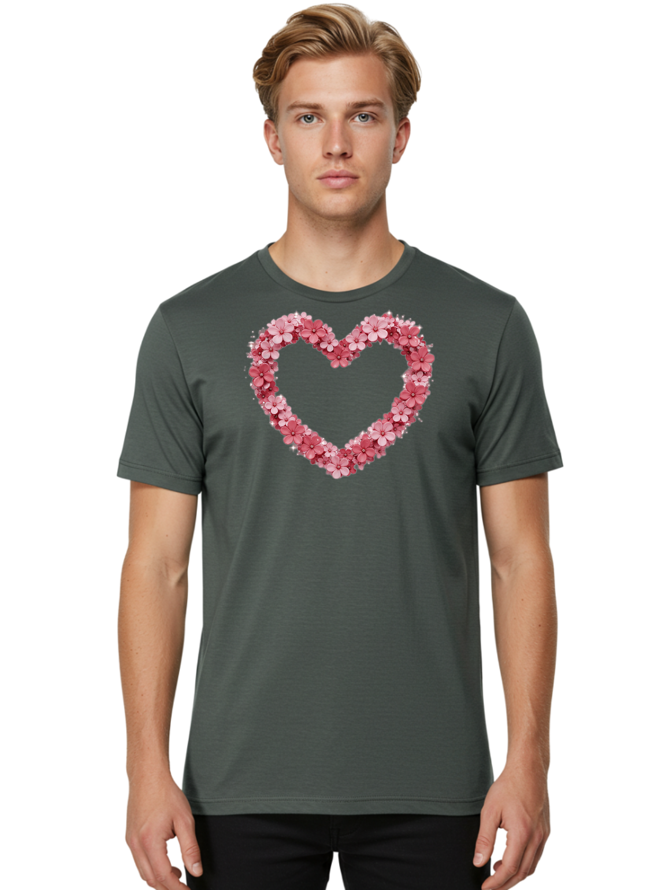 Heart-Shape-With-Pink-Flowers Men'S Graphic Tee, 100% Cotton, Comfortable Casual Summer Wear, Machine Washable, Vintage Camera, Old Camera, Antique Camera, Black Camera, Classic Photography, Photography Equipment, Nostalgic Device, Bai069 25