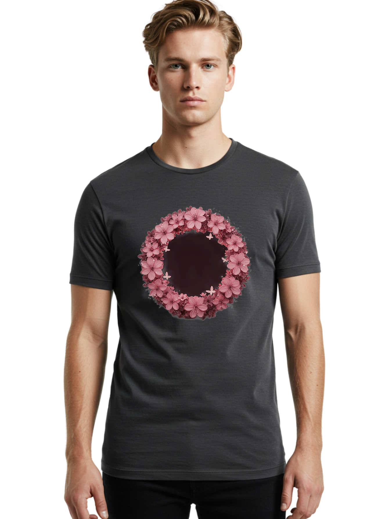 Pink-Flowers-Wreath Men'S Graphic Tee, 100% Cotton, Comfortable Casual Summer Wear, Machine Washable, Vintage Camera, Old Camera, Antique Camera, Black Camera, Classic Photography, Photography Equipment, Nostalgic Device, Film Camera, Bai224 27