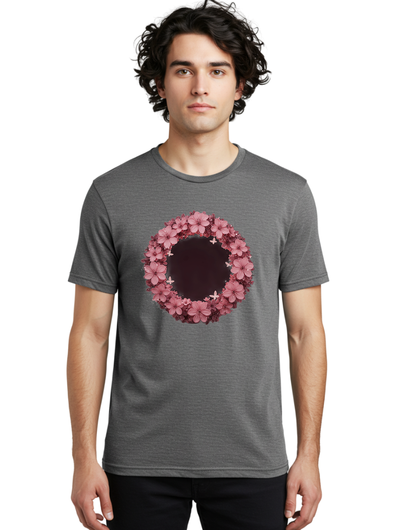 Pink-Flowers-Wreath Men'S Graphic Tee, 100% Cotton, Comfortable Casual Summer Wear, Machine Washable, Vintage Camera, Old Camera, Antique Camera, Black Camera, Classic Photography, Photography Equipment, Nostalgic Device, Film Camera, Bai224 24