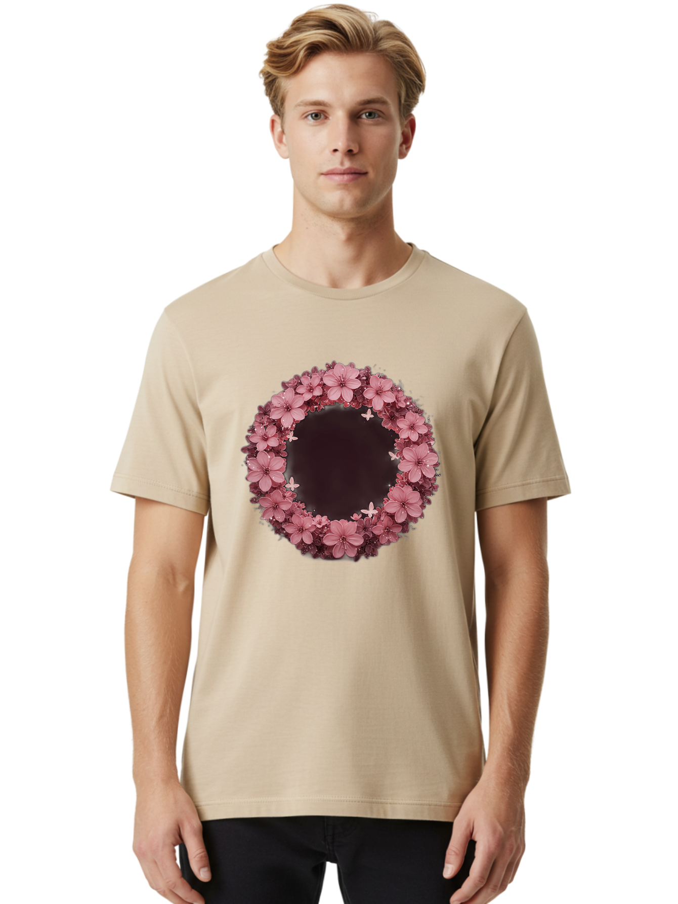 Pink-Flowers-Wreath Men'S Graphic Tee, 100% Cotton, Comfortable Casual Summer Wear, Machine Washable, Vintage Camera, Old Camera, Antique Camera, Black Camera, Classic Photography, Photography Equipment, Nostalgic Device, Film Camera, Bai224 30