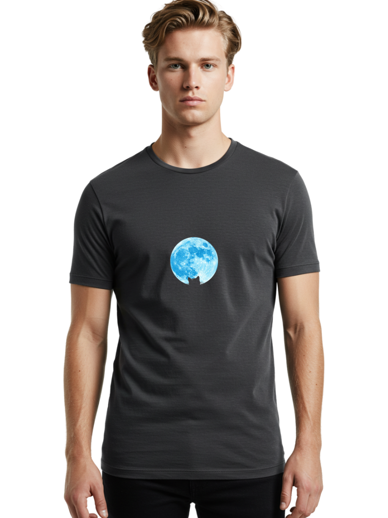 Blue-Moon-With-Cat-Silhouette Men'S Graphic Tee, 100% Cotton, Comfortable Casual Summer Wear, Machine Washable, Vintage Camera, Old Camera, Antique Camera, Black Camera, Classic Photography, Photography Equipment, Nostalgic Device, Bai599 21