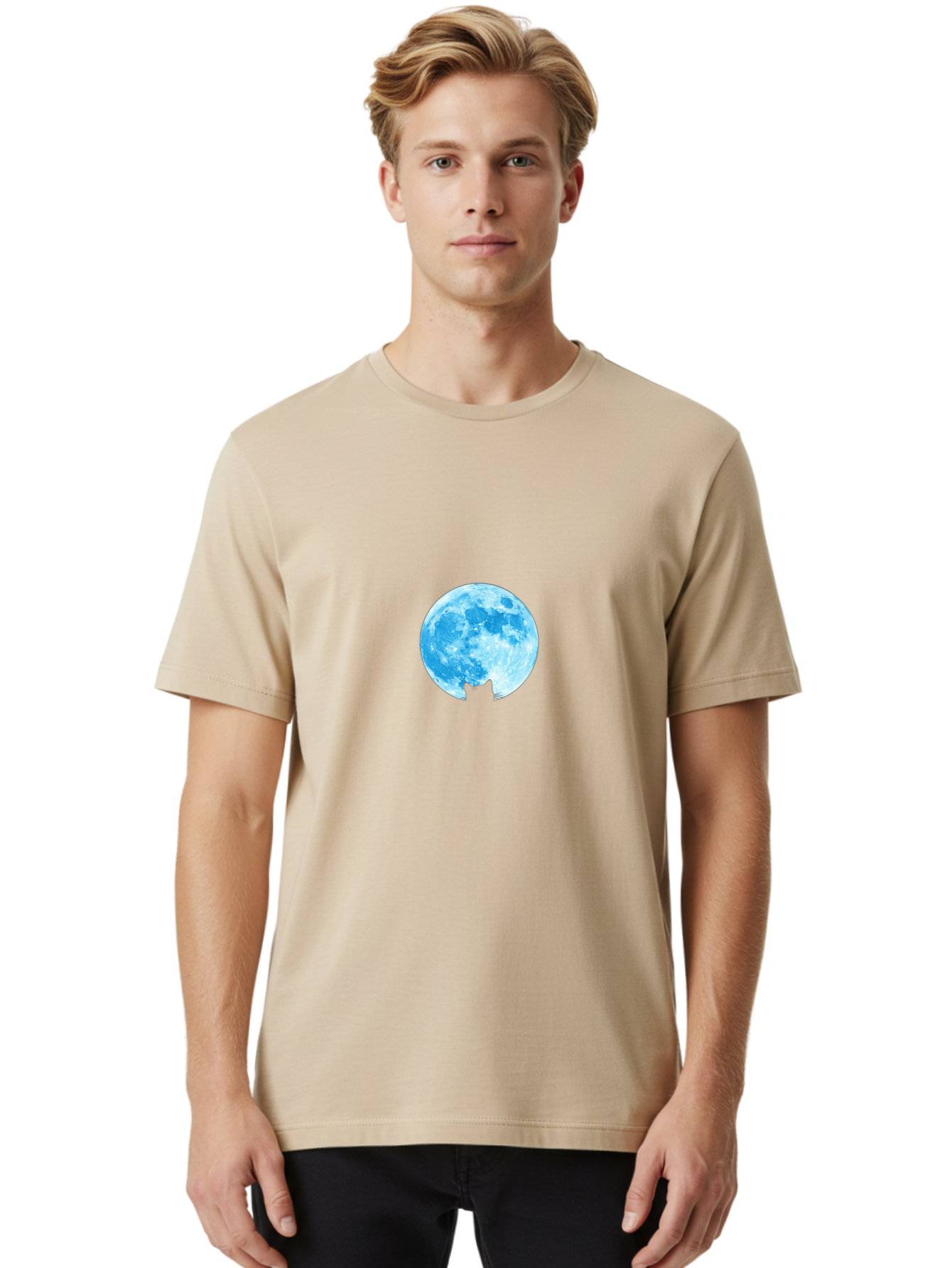 Blue-Moon-With-Cat-Silhouette Men'S Graphic Tee, 100% Cotton, Comfortable Casual Summer Wear, Machine Washable, Vintage Camera, Old Camera, Antique Camera, Black Camera, Classic Photography, Photography Equipment, Nostalgic Device, Bai599 16