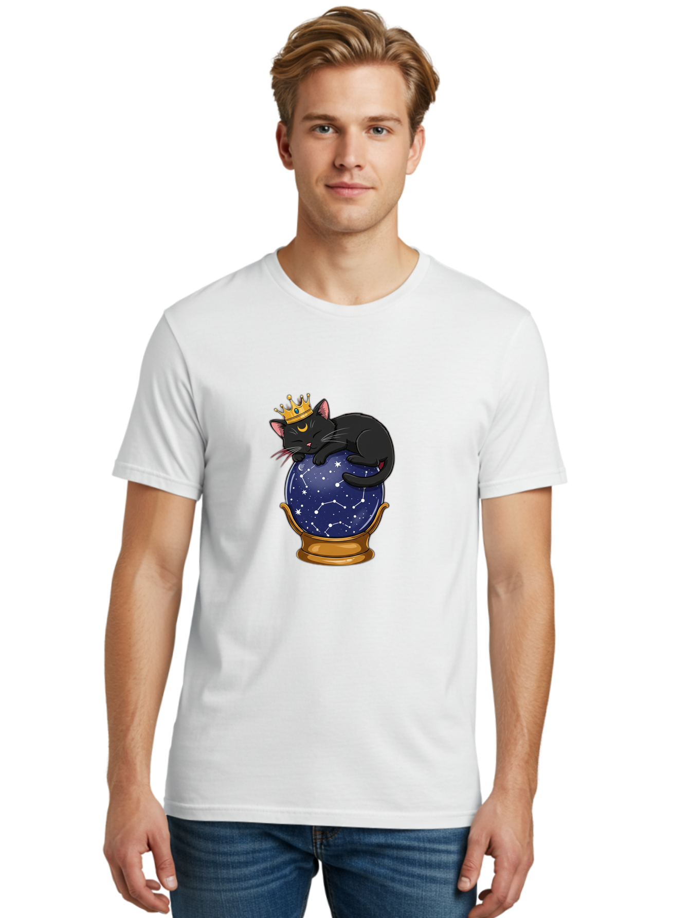 Black-Cat-On-Crystal-Ball-1 Men'S Graphic Tee, 100% Cotton, Comfortable Casual Summer Wear, Machine Washable, Vintage Camera, Old Camera, Antique Camera, Black Camera, Classic Photography, Photography Equipment, Nostalgic Device, Film Camera, Bak063 21