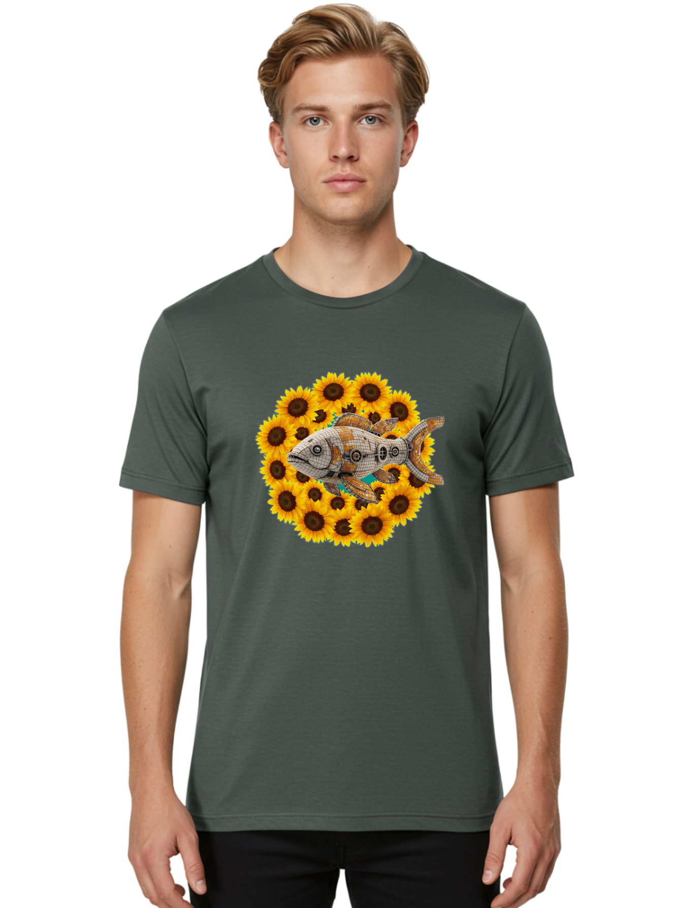 Mechanical-Fish-Sunflowers Men'S Graphic Tee, 100% Cotton, Comfortable Casual Summer Wear, Machine Washable, Vintage Camera, Old Camera, Antique Camera, Black Camera, Classic Photography, Photography Equipment, Nostalgic Device, Film Camera, Bak857 21