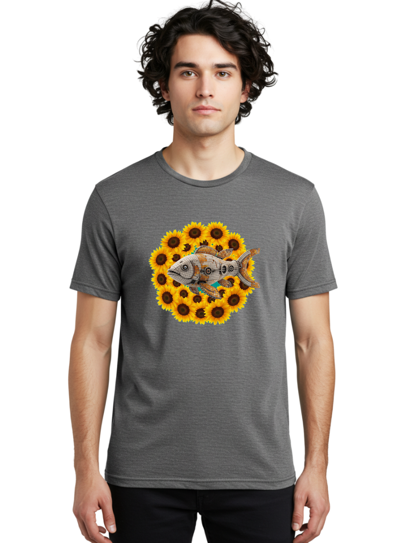 Mechanical-Fish-Sunflowers Men'S Graphic Tee, 100% Cotton, Comfortable Casual Summer Wear, Machine Washable, Vintage Camera, Old Camera, Antique Camera, Black Camera, Classic Photography, Photography Equipment, Nostalgic Device, Film Camera, Bak857 23