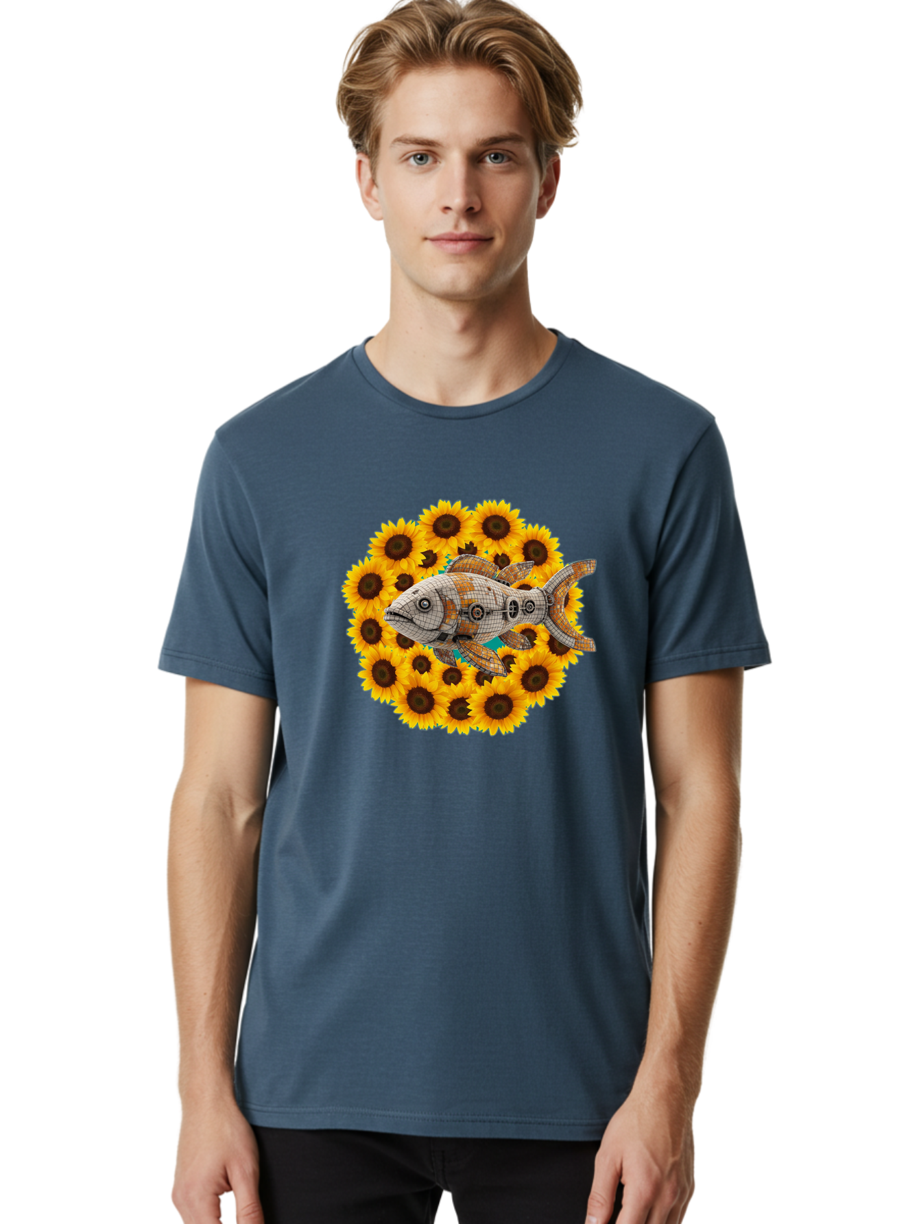 Mechanical-Fish-Sunflowers Men'S Graphic Tee, 100% Cotton, Comfortable Casual Summer Wear, Machine Washable, Vintage Camera, Old Camera, Antique Camera, Black Camera, Classic Photography, Photography Equipment, Nostalgic Device, Film Camera, Bak857 24